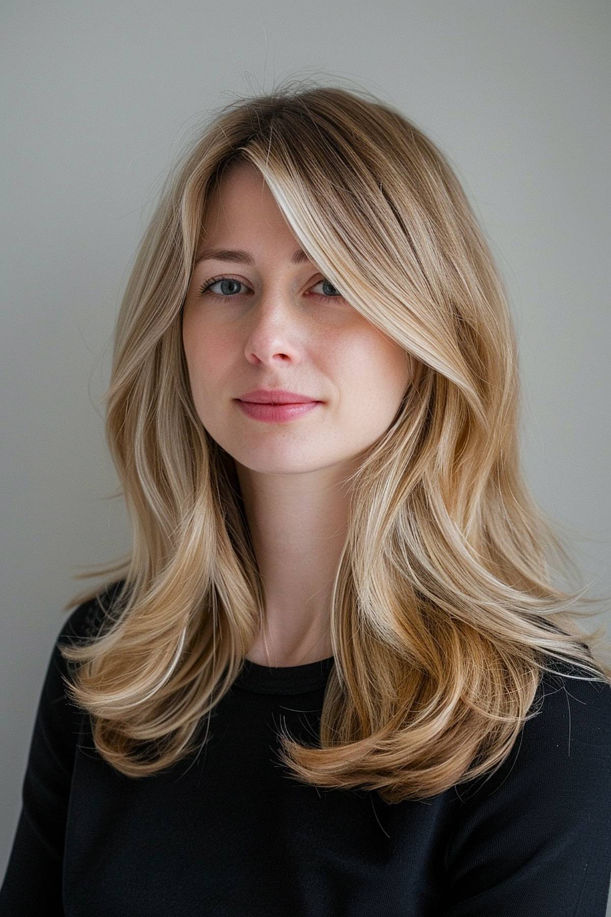 Medium-length layered haircut with curtain bangs and blonde highlights