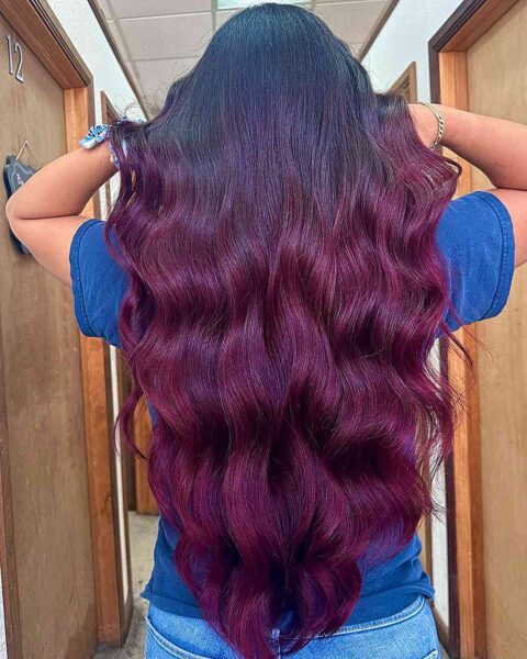 A Blood Red Balayage Ombre for ladies with long v-cut hair