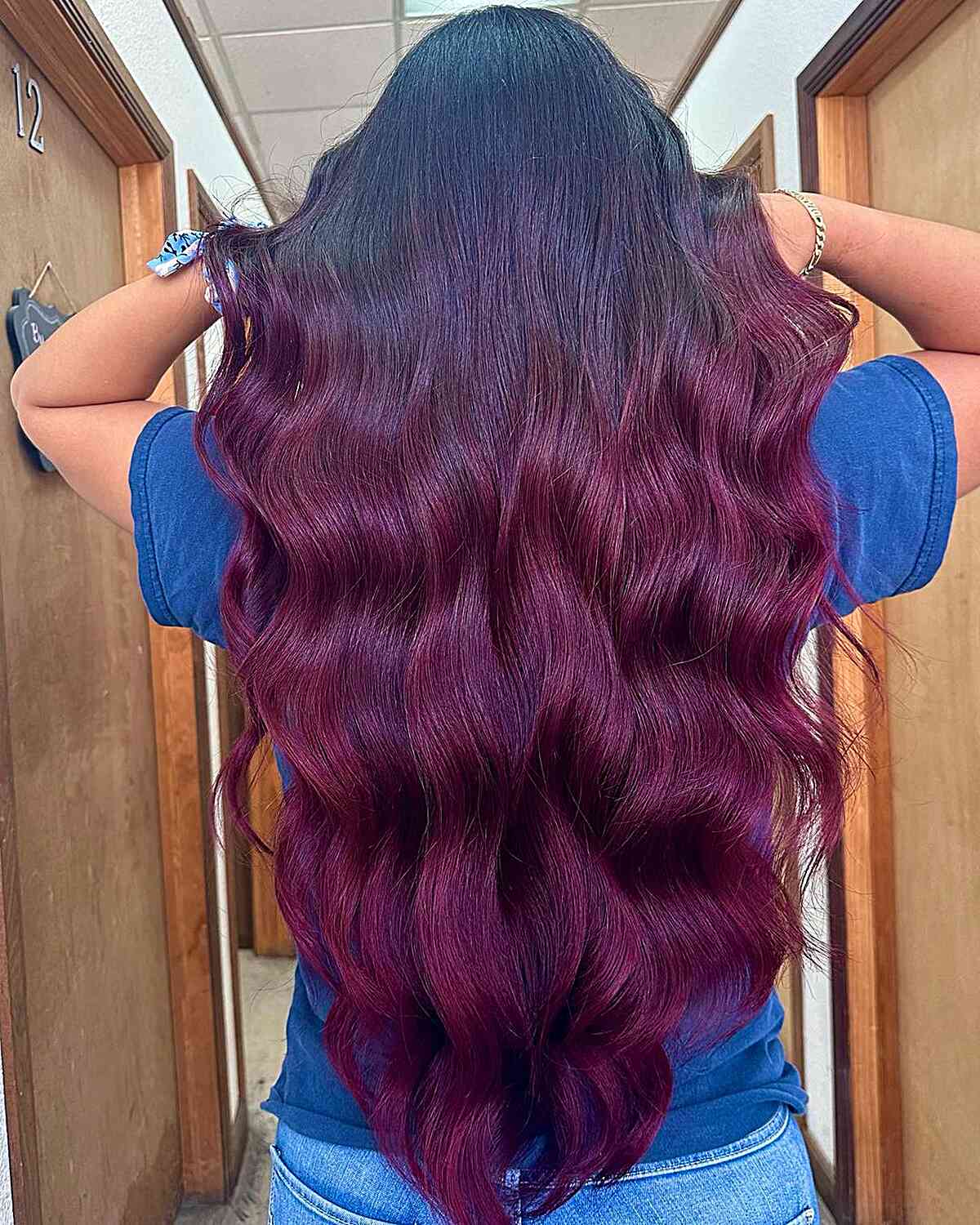 Blood Red Balayage Ombre for ladies with long v-cut hair