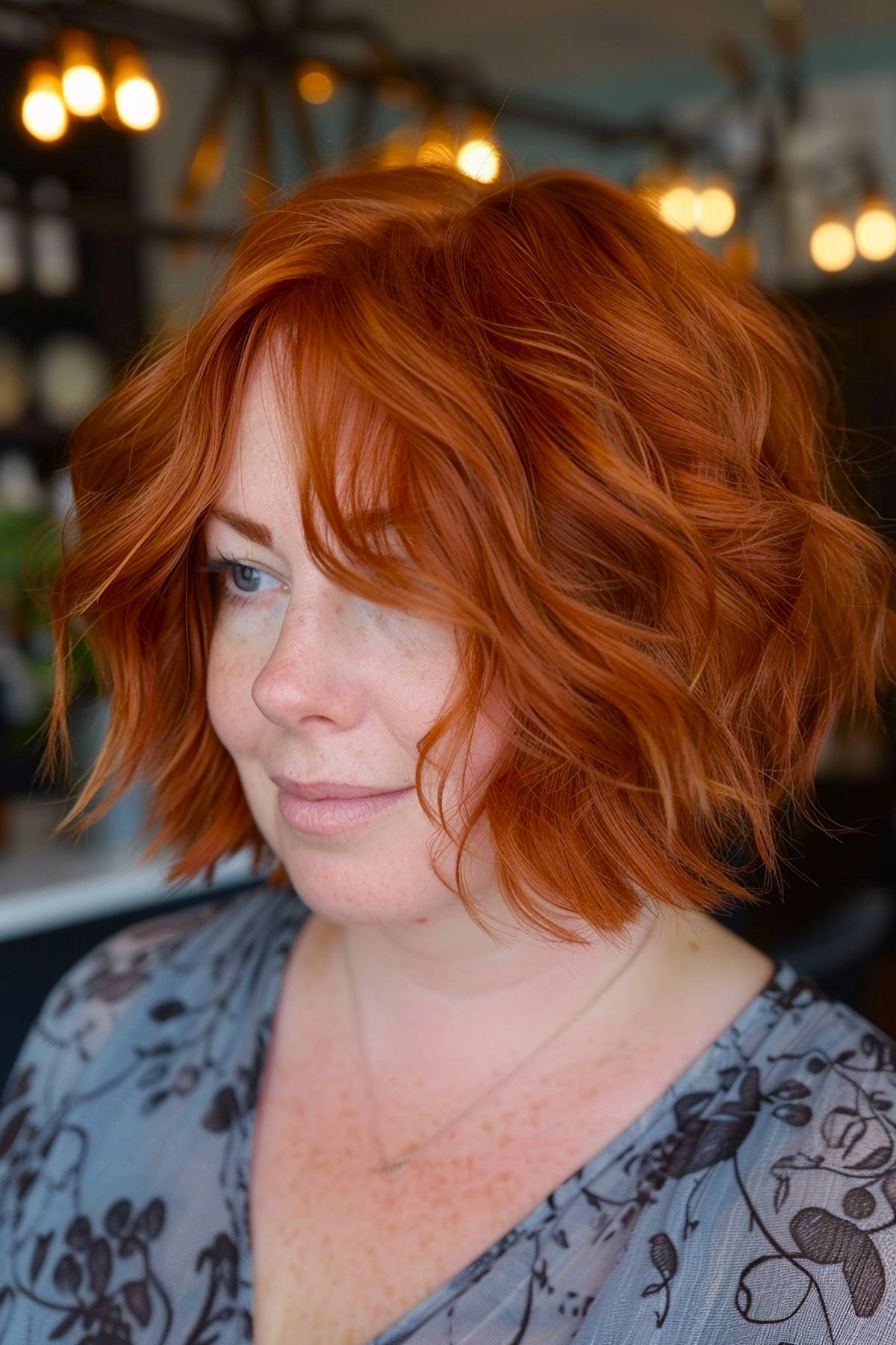 Bloomcut – vibrant wavy short haircut with copper-red layers for round faces