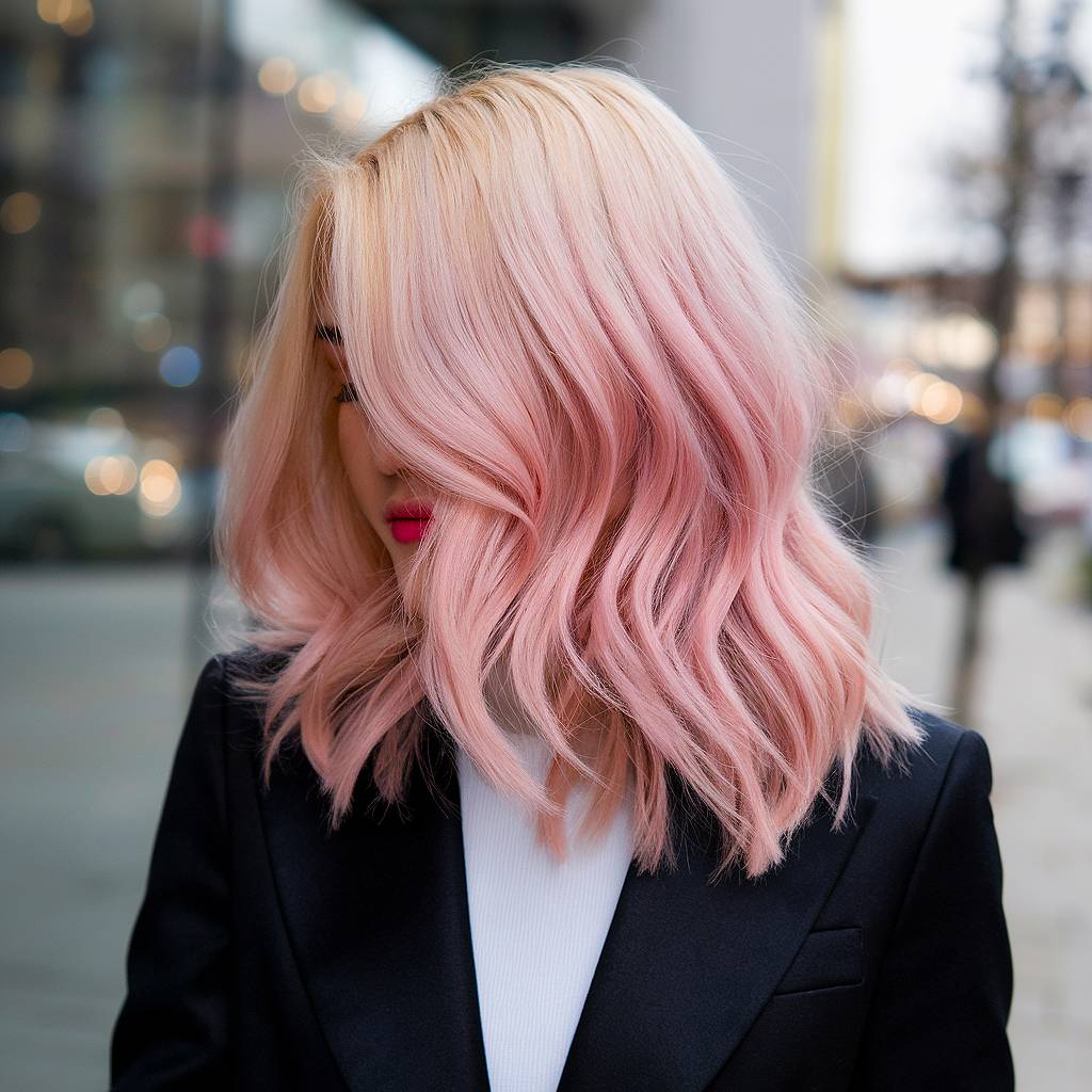 Soft pastel pink ombré hair with face-framing layers and tousled waves, creating a fresh spring-inspired look