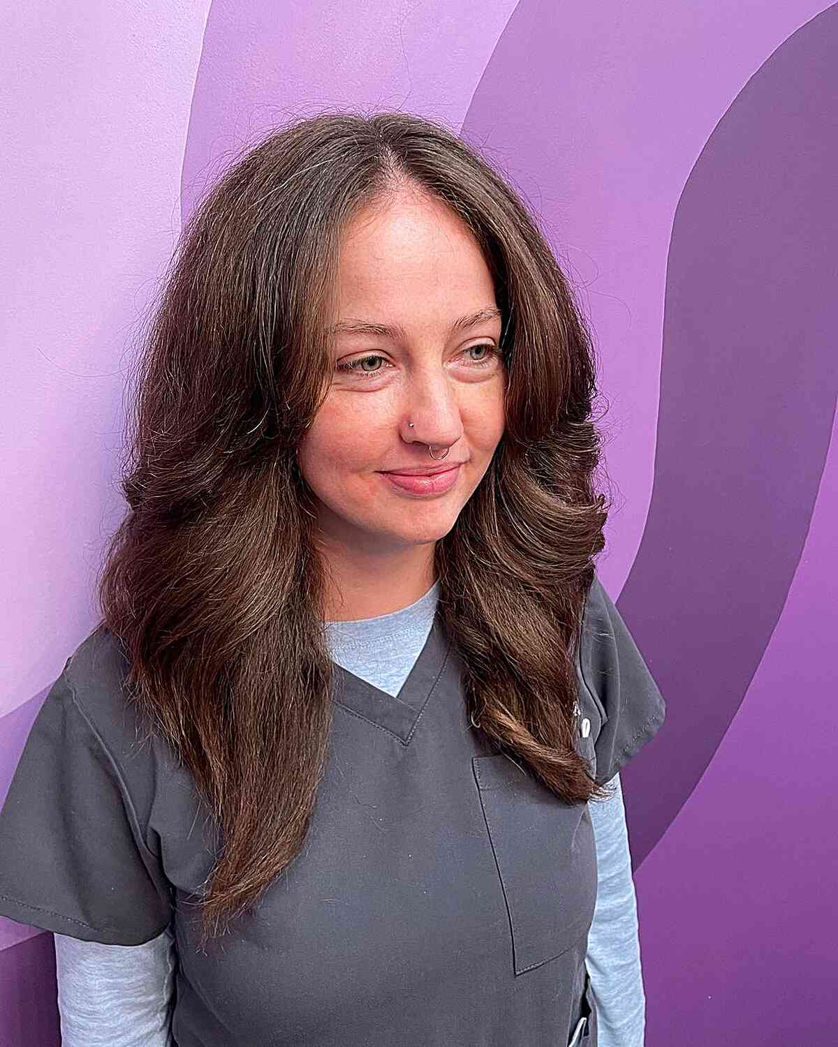 Blow-Out Shag on Thick Medium-Length Brunette Hair for Women with Long Faces