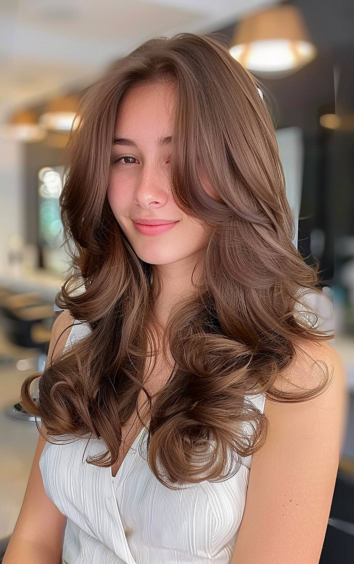 Brown long hair with bouncy blowout and soft curls