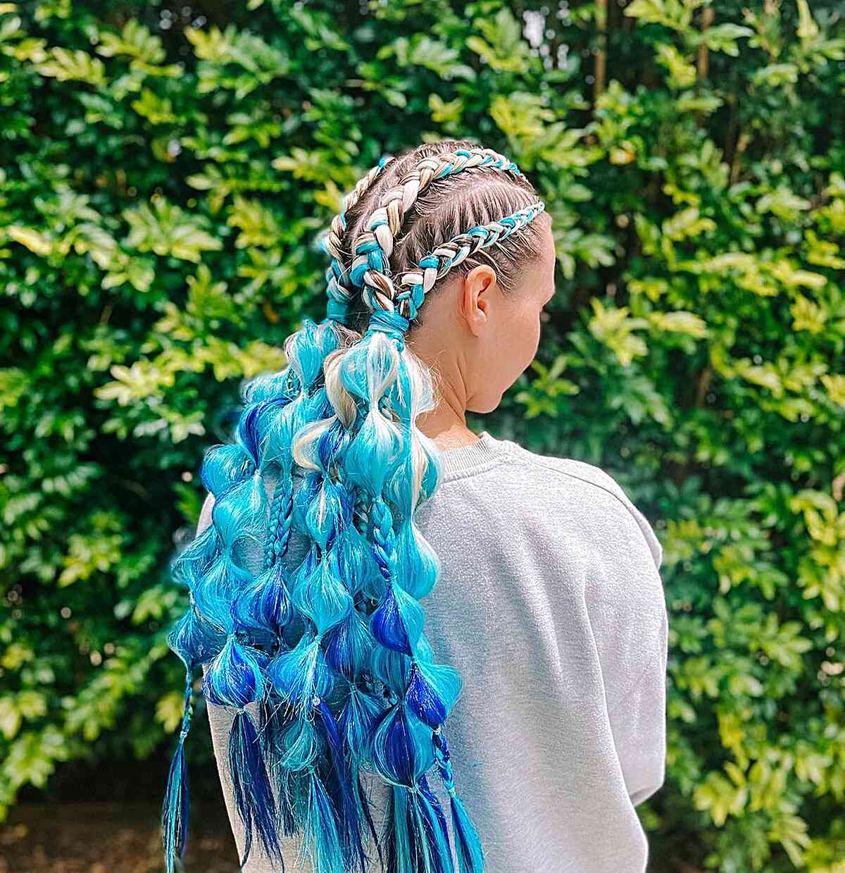 Very Long Rave Blue Braids and Bubble Ponytails