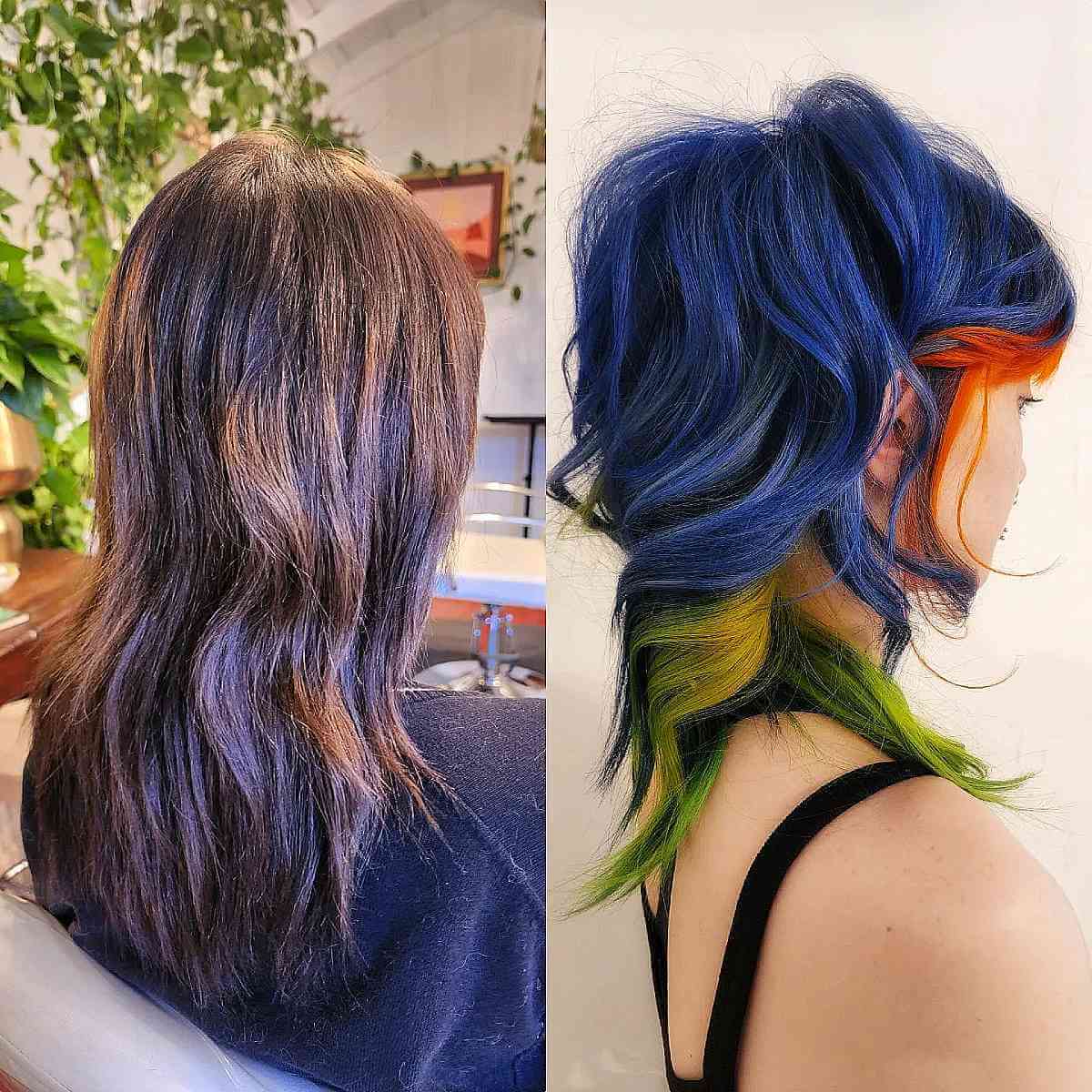 Blue Shag with Orange and Green Underneath Highlights
