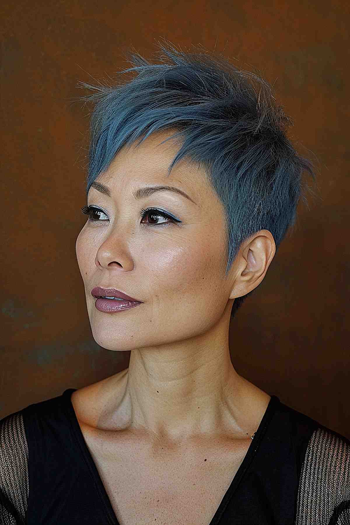 Blue steel pixie short haircut for older Asian women