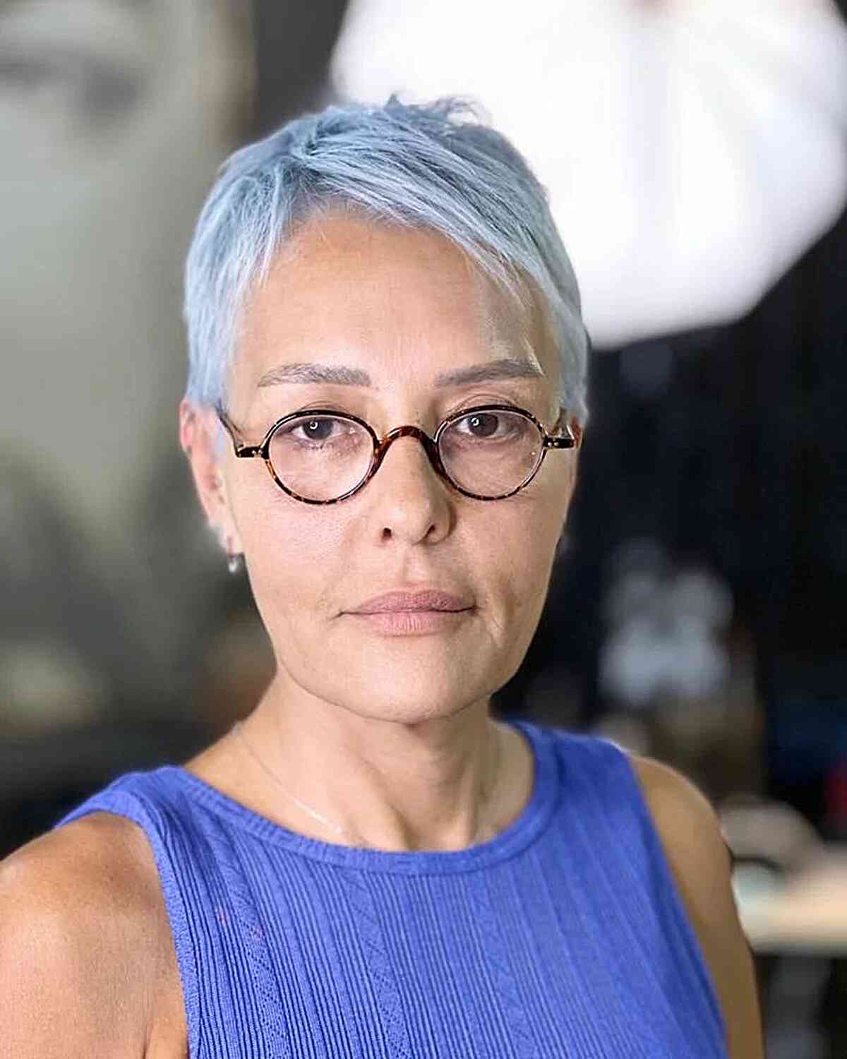 Blue Tinted Pixie Cut for Older Ladies with Eyeglasses