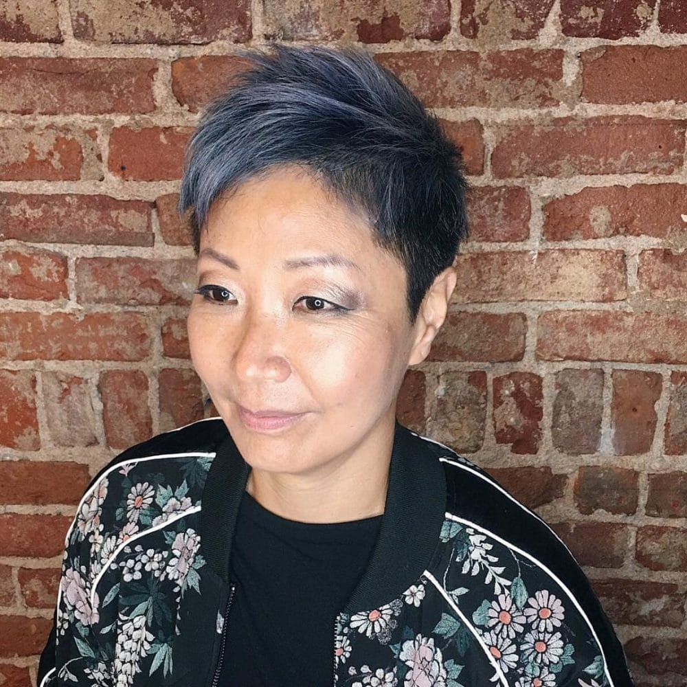 Blue Steel Pixie hairstyle for an older Asian woman