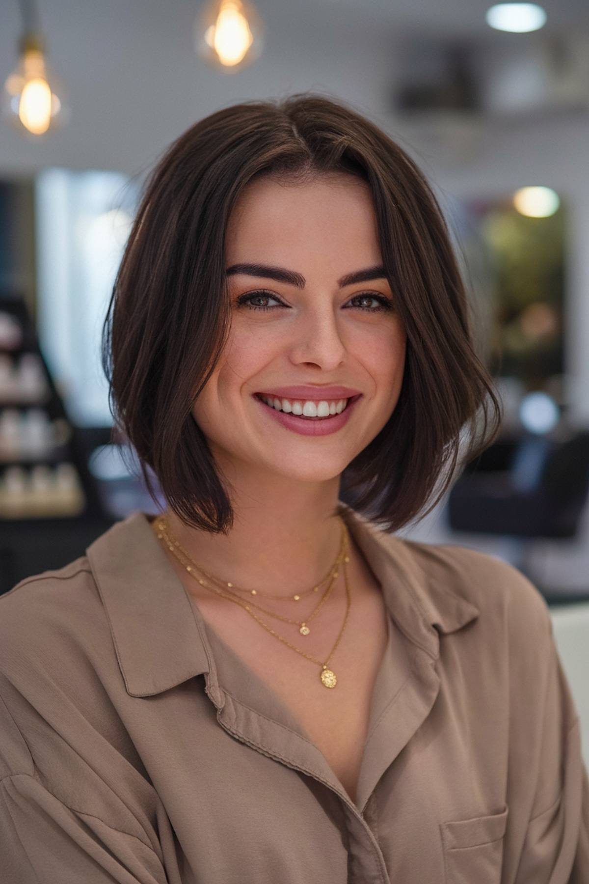 Classic blunt bob for short dark hair with a sleek and voluminous finish