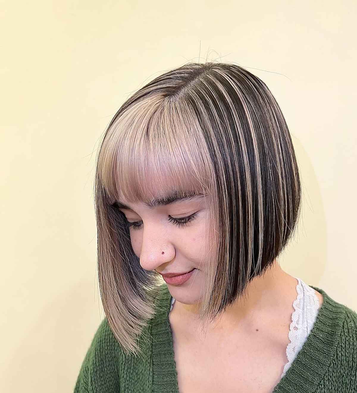 Blunt Bob with Bangs and Chunky Highlights