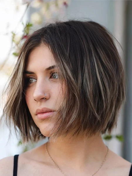 A blunt cut bob with no bangs
