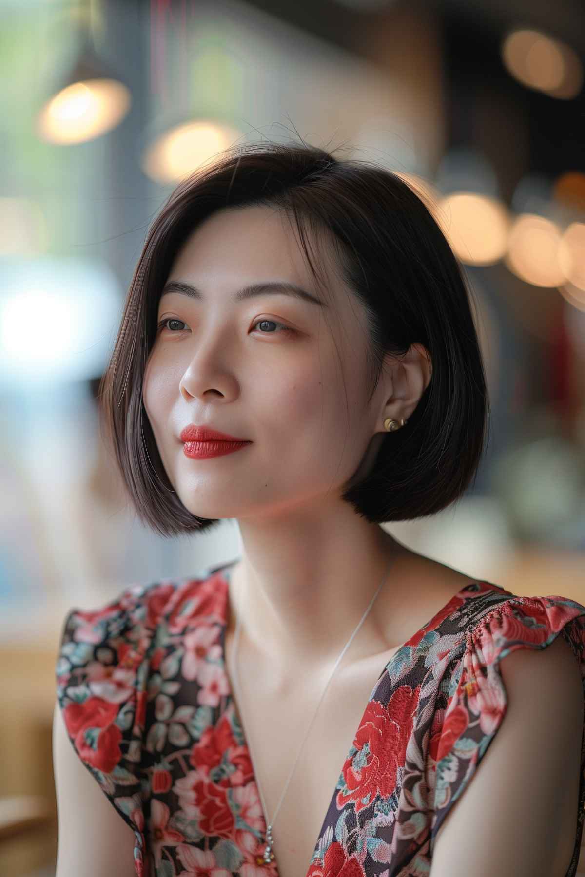 Blunt cut bob for straight hair, falling just above the shoulders