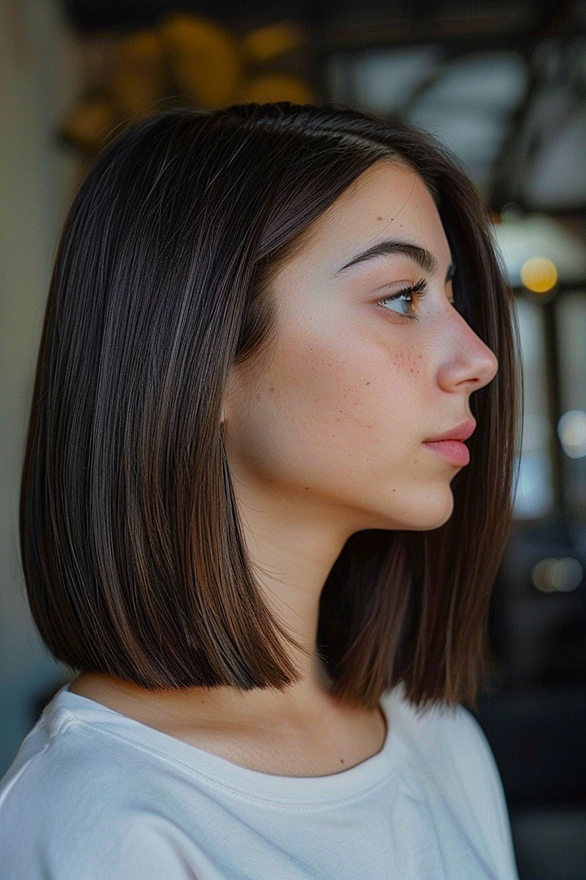 Sleek shoulder-length blunt haircut for straight hair