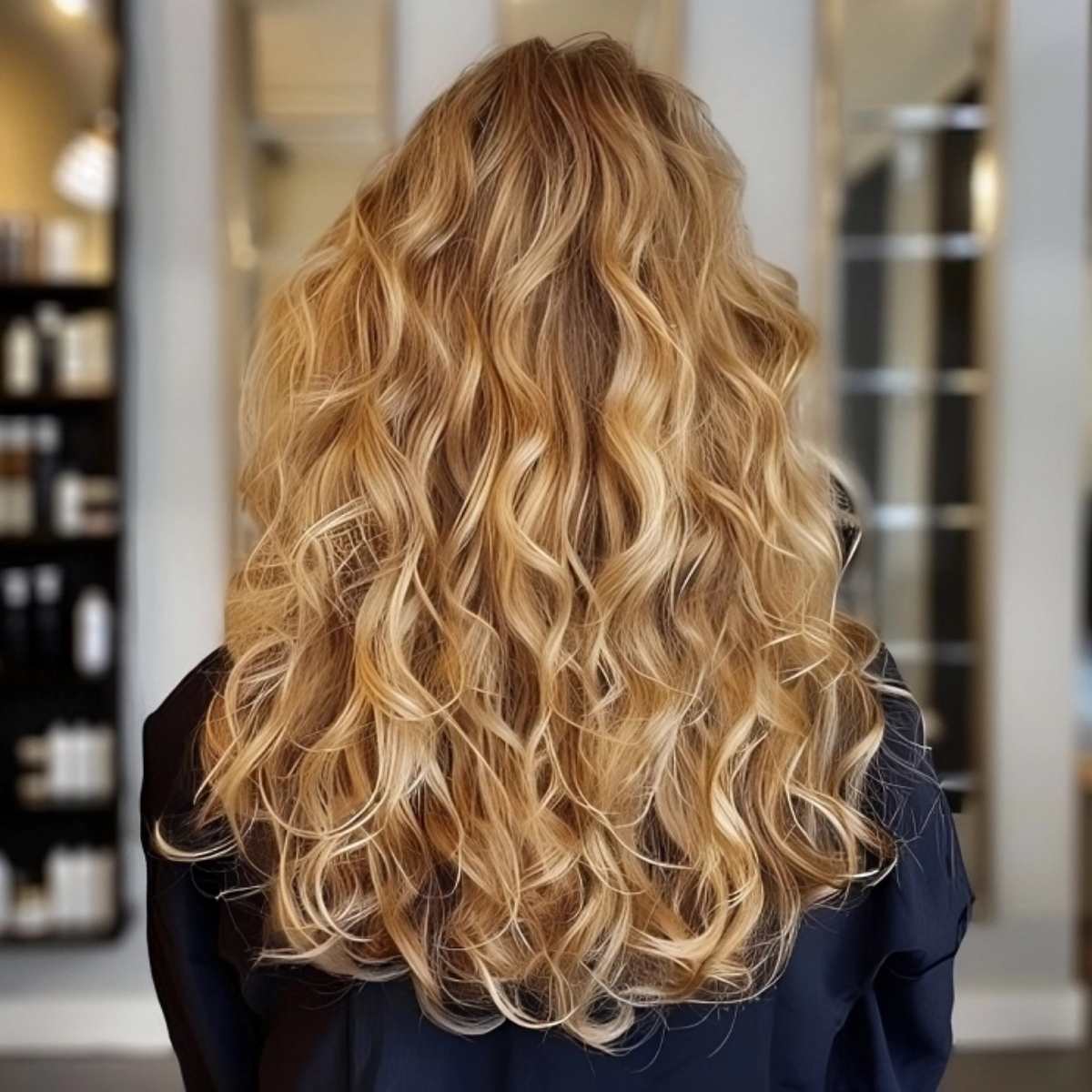 blunt cut long hair with layered curls
