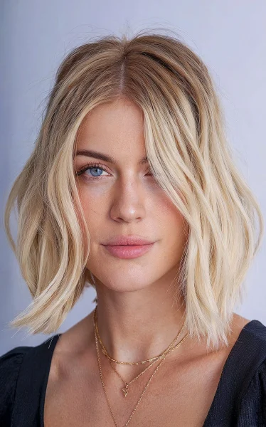 A blunt cut with beach waves and a middle part