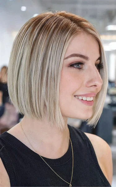 A Blunt Short Bob with Highlights and Shadow Root