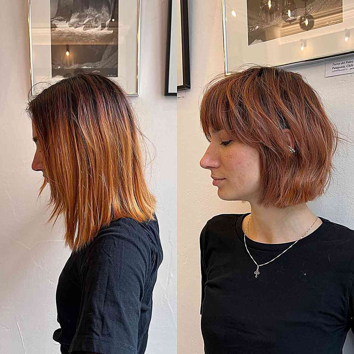 Blunt Short Copper Bob with Wispy Layers and Bangs
