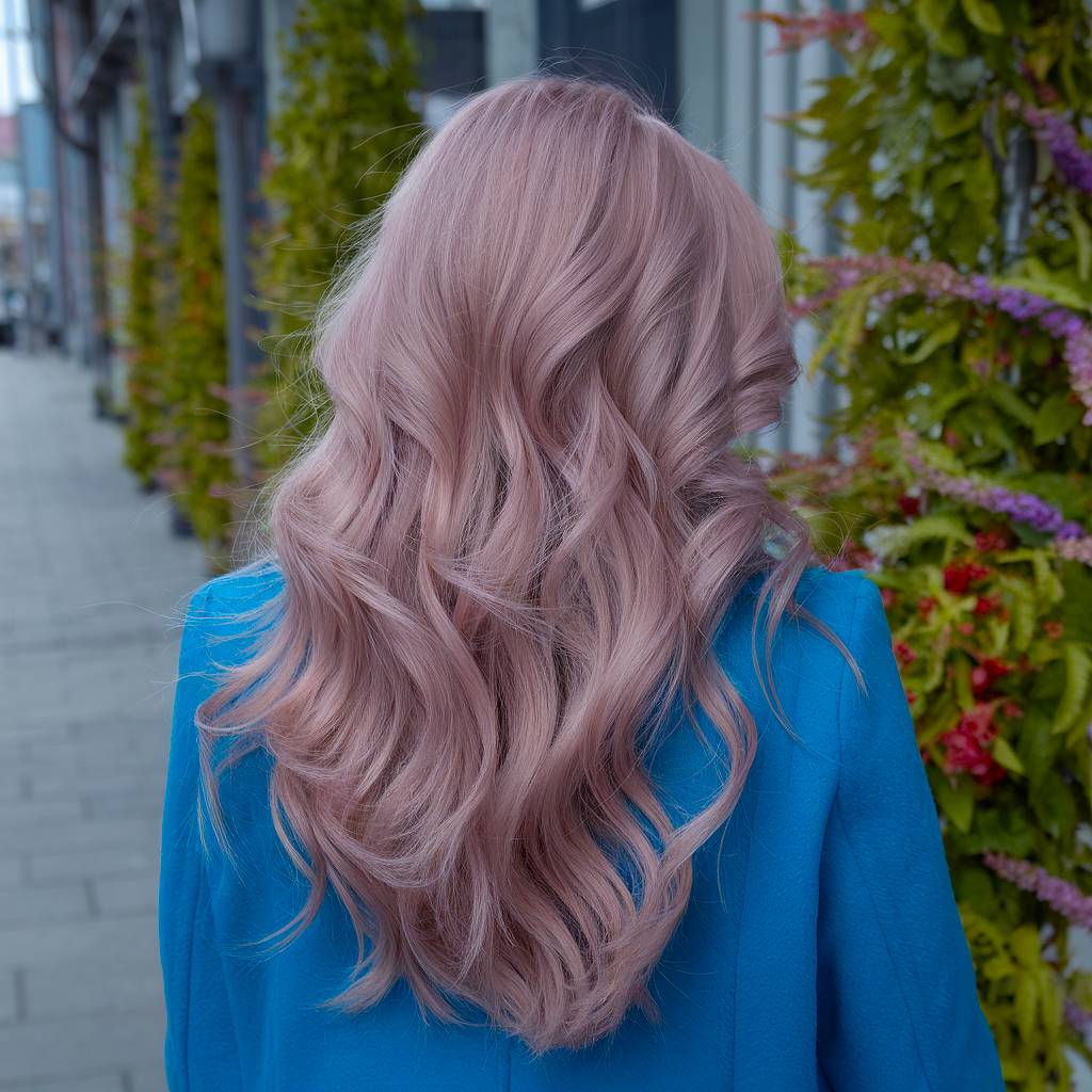 Long wavy blush blonde hair with warm rose-gold undertones, adding softness for a feminine spring feel