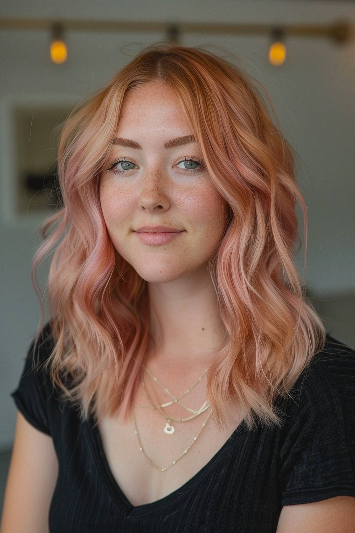 Medium-length layered haircut with pastel pink balayage and loose waves