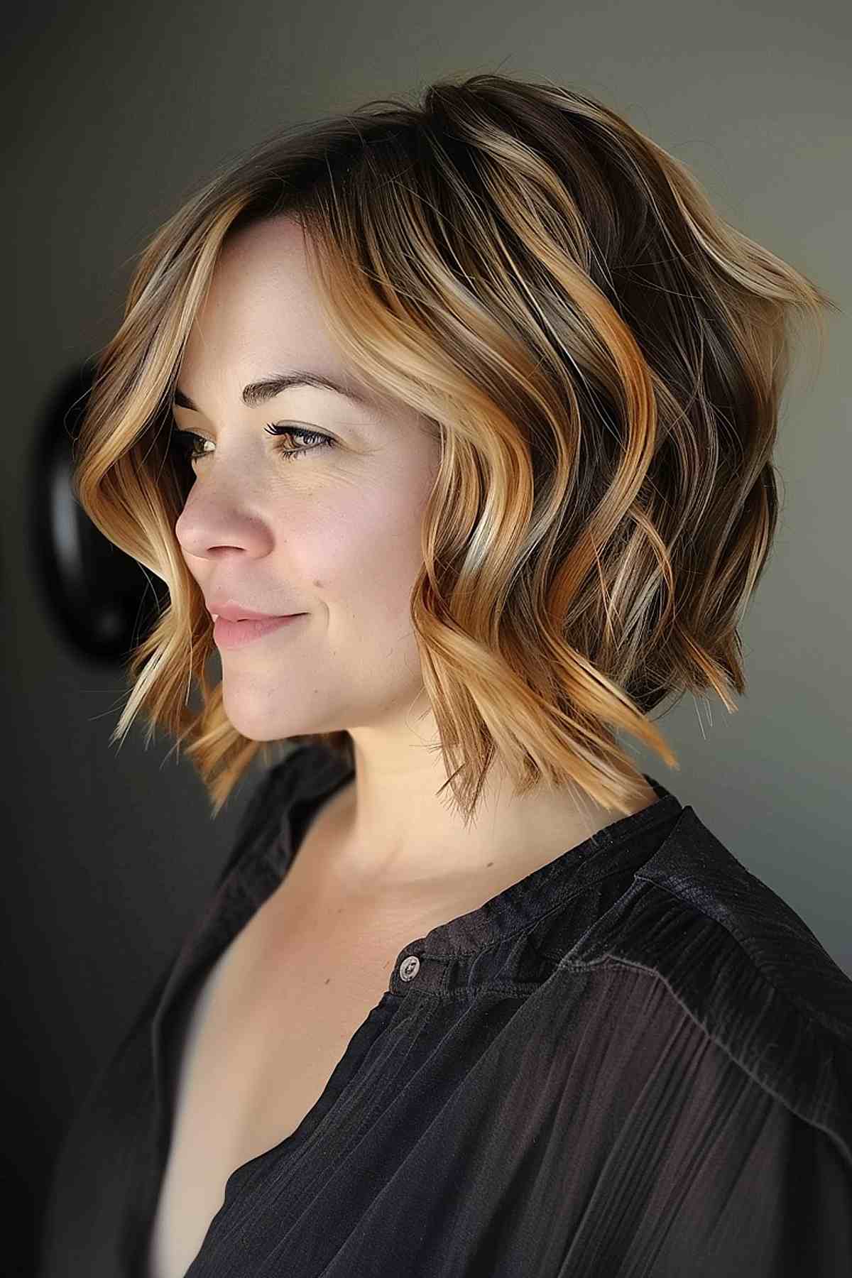 Short bob with caramel blonde highlights and loose waves