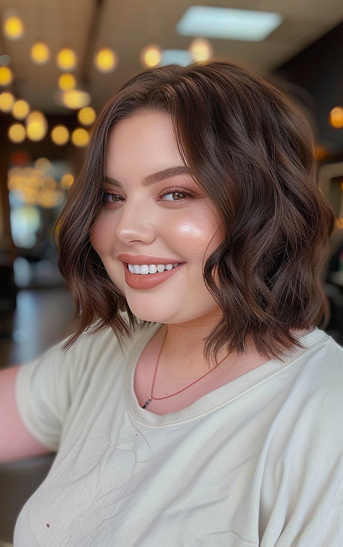 Wavy bob hairstyle for chubby faces with textured layers