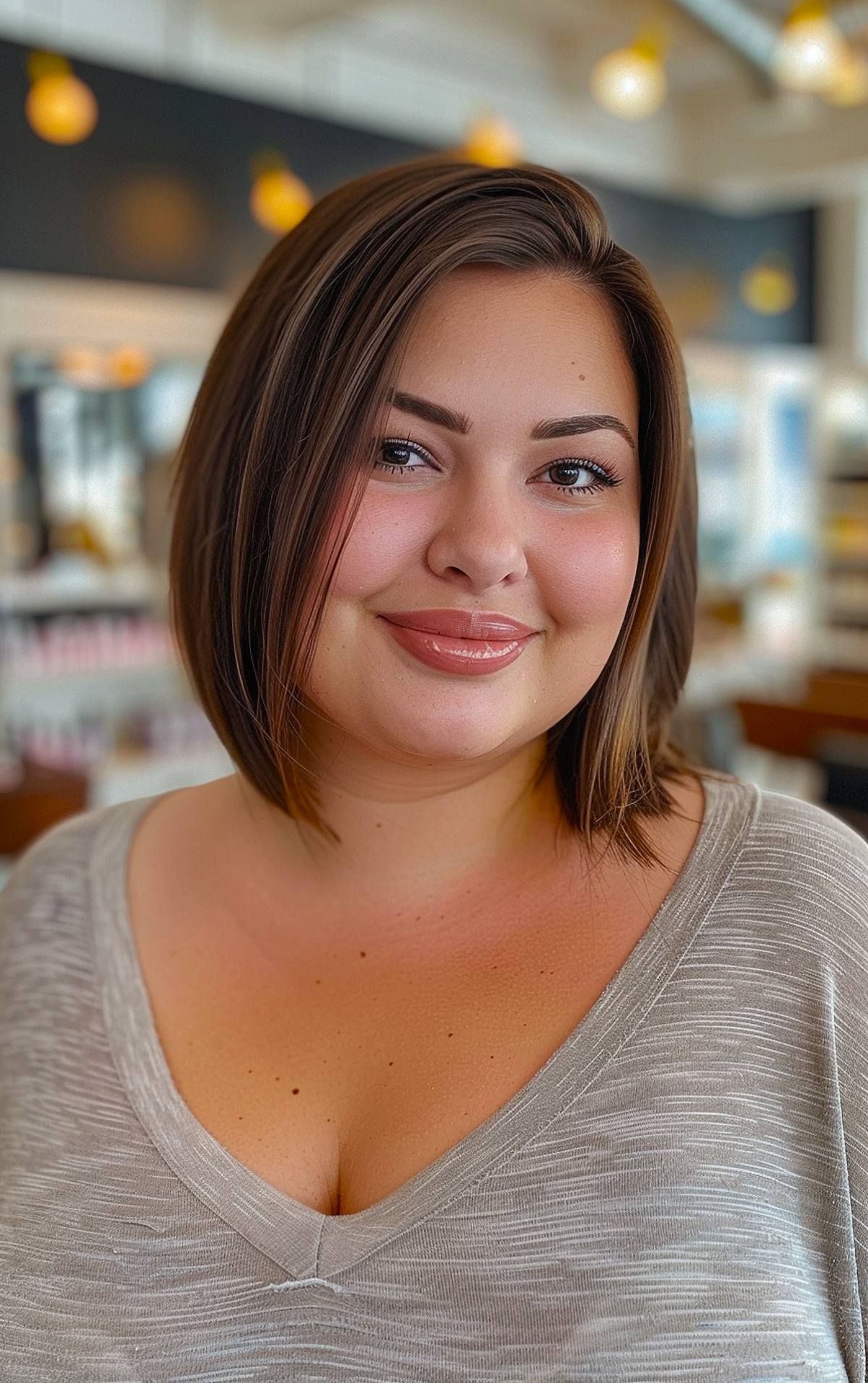 Angled bob cut for chubby faces and straight hair with a side part