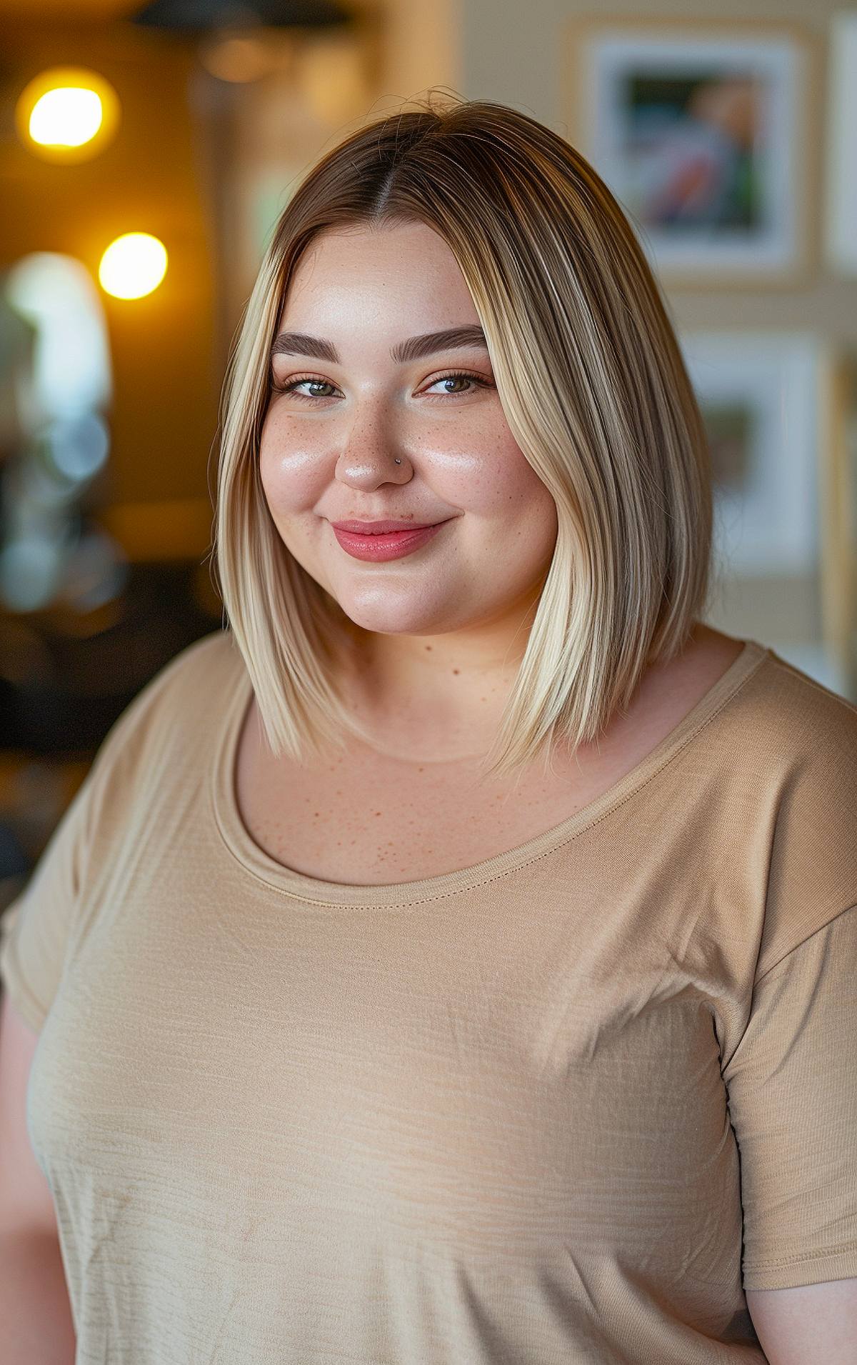 Blunt bob hairstyle for a chubby face featuring straight hair