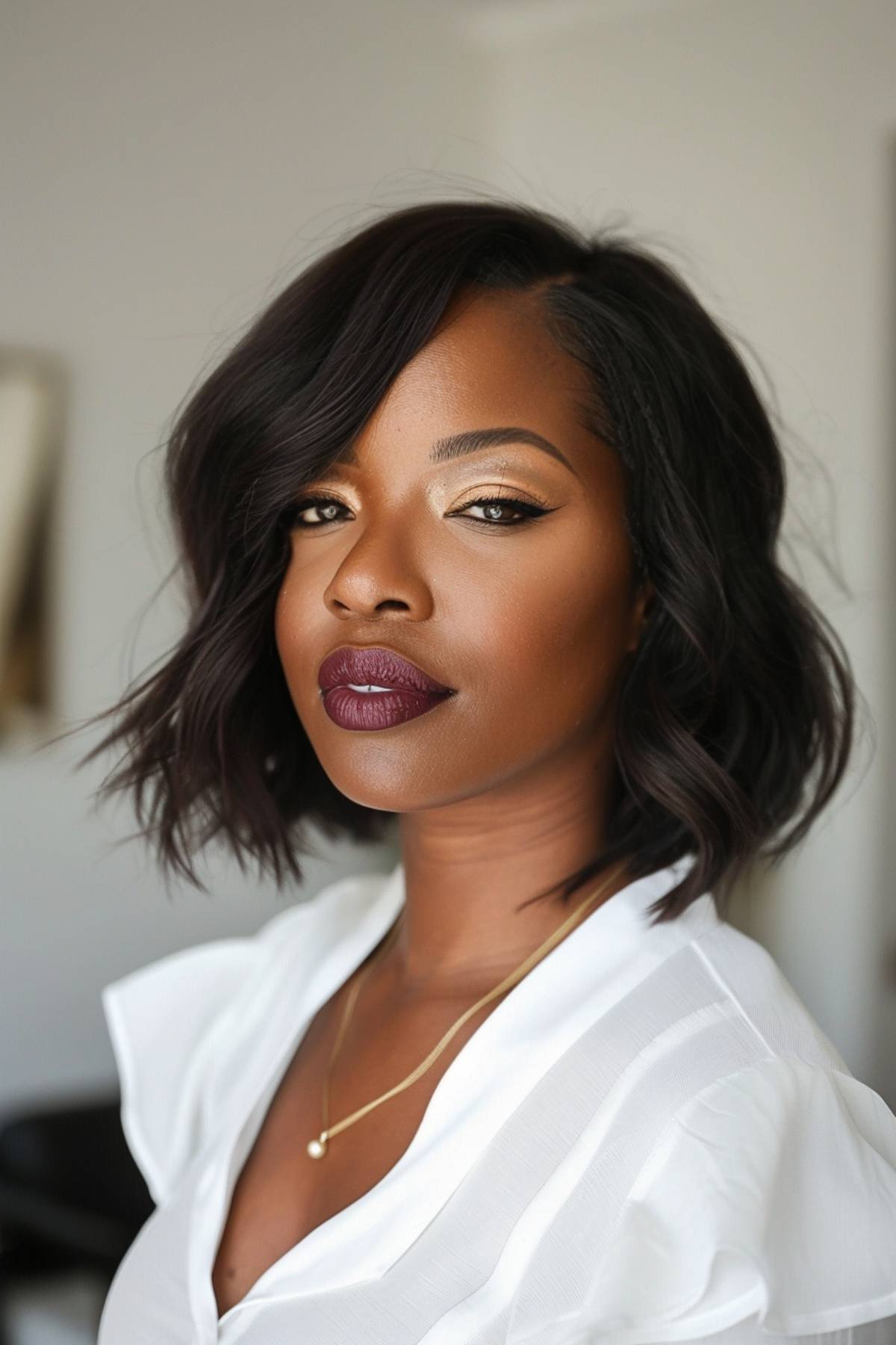 Bob hairstyles for black women layered with voluminous waves and a deep side part