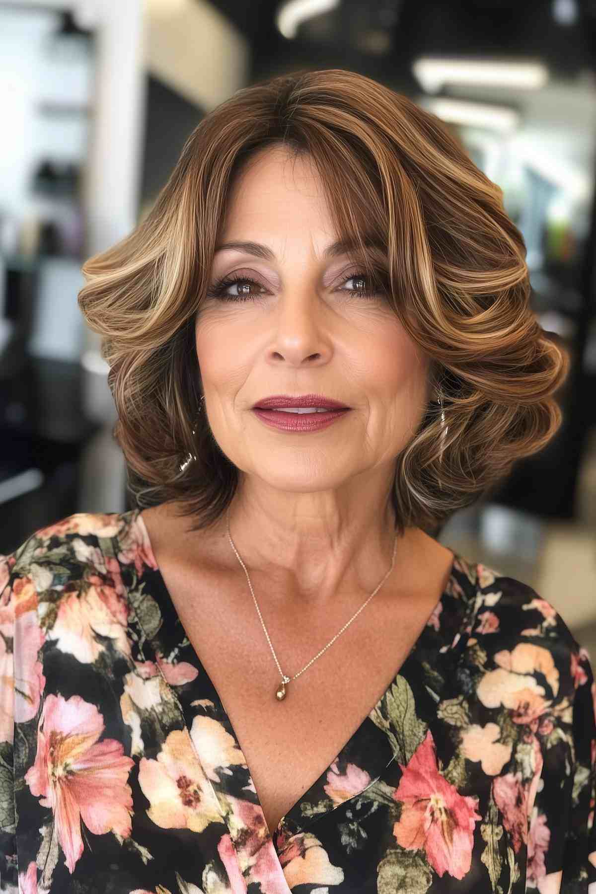 bob hairstyles for fine hair over 50 with layered waves, caramel highlights, and chin-length cut