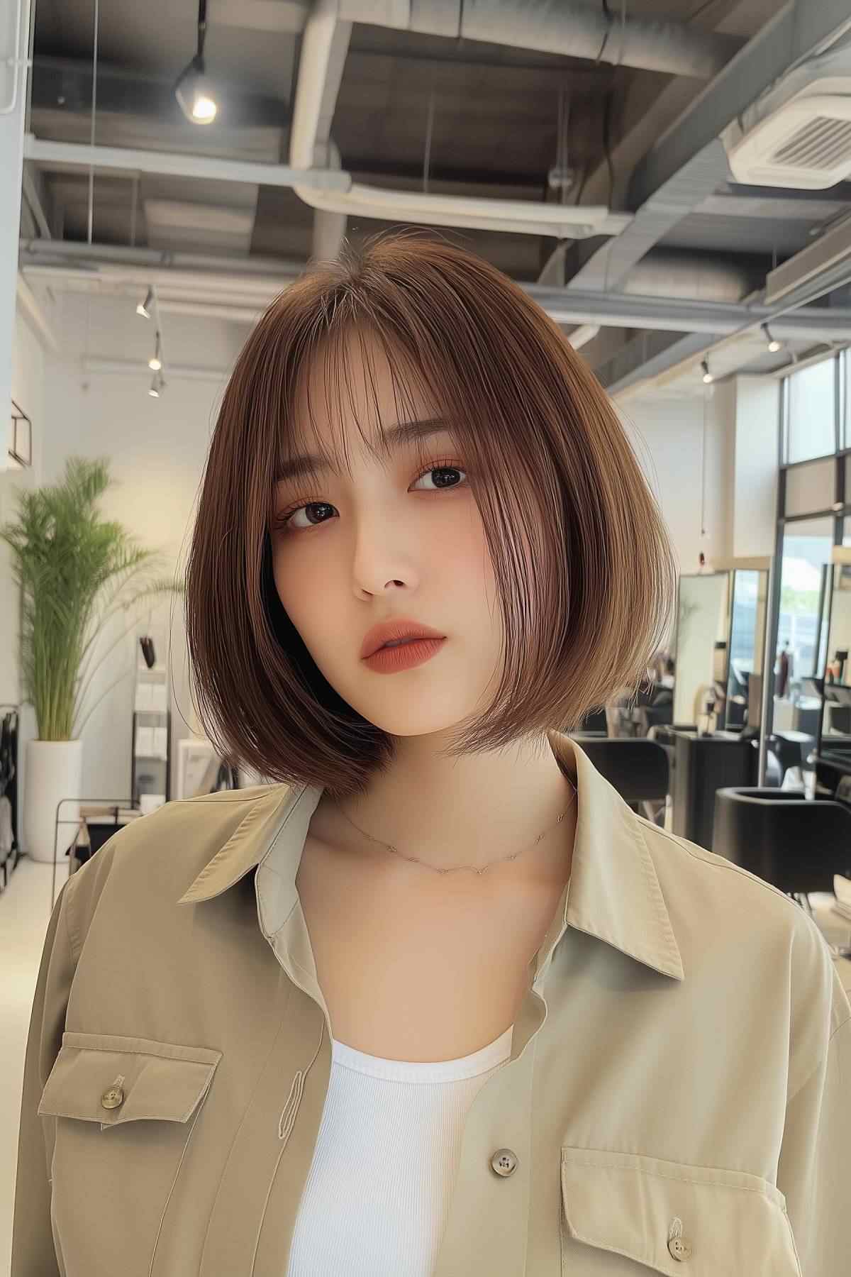 bob hairstyles with bangs Asian women, featuring a sleek chin-length cut with soft, wispy bangs