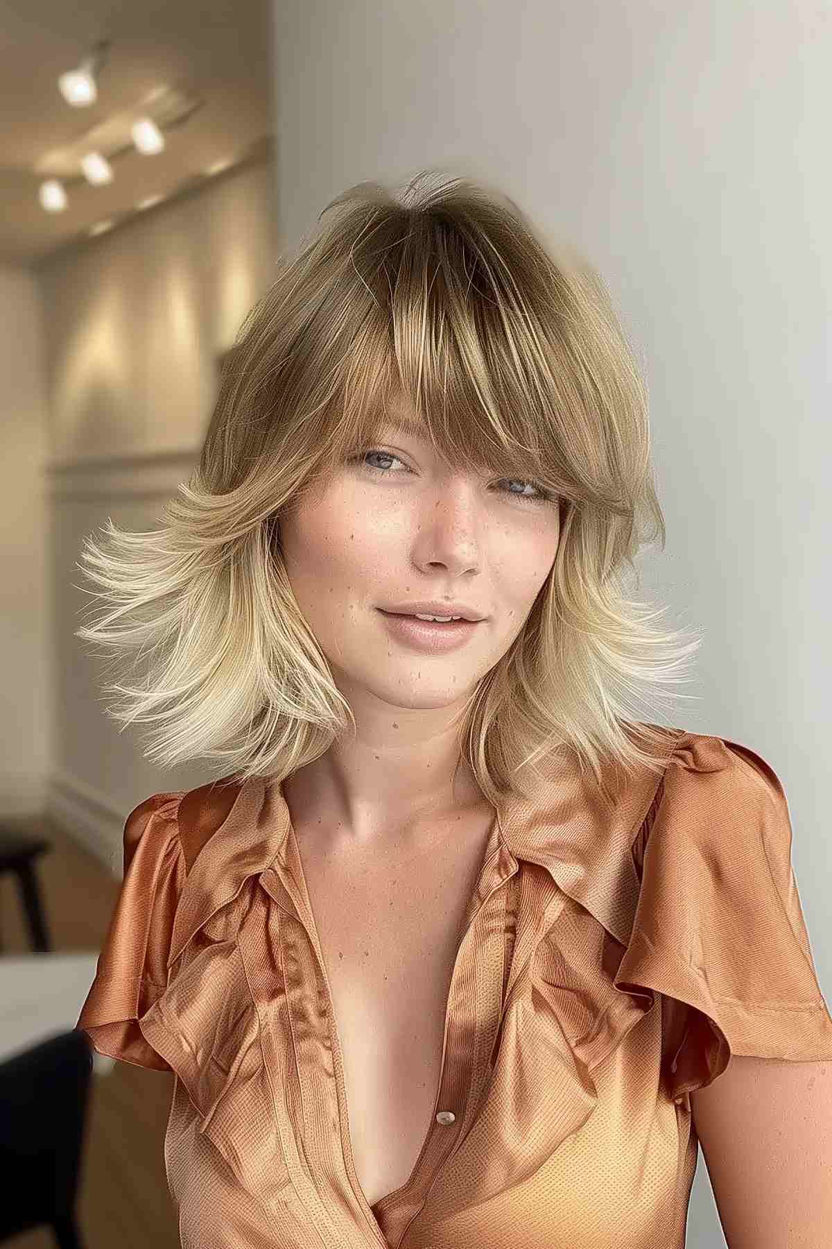 Woman with retro 70s-inspired long bob and bangs.