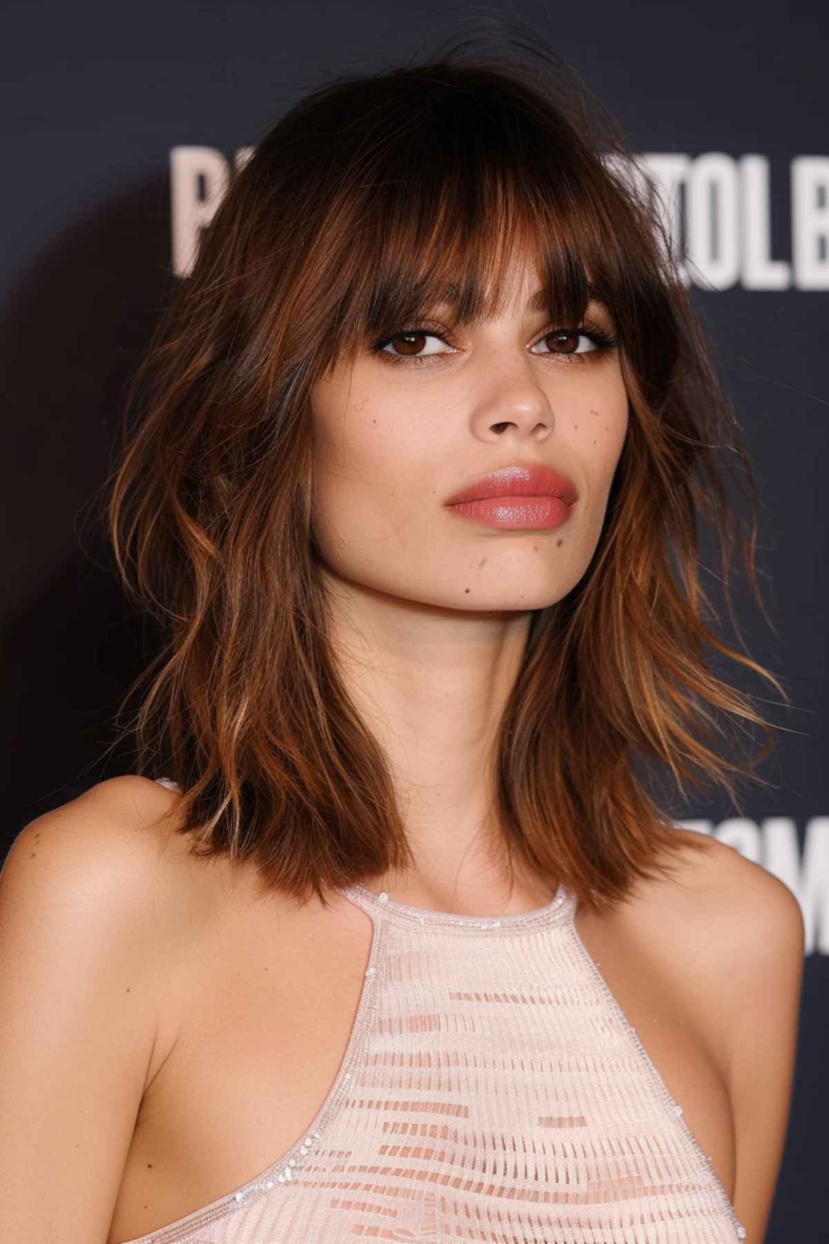 A woman with a 90s style bob hairstyle and long bangs.