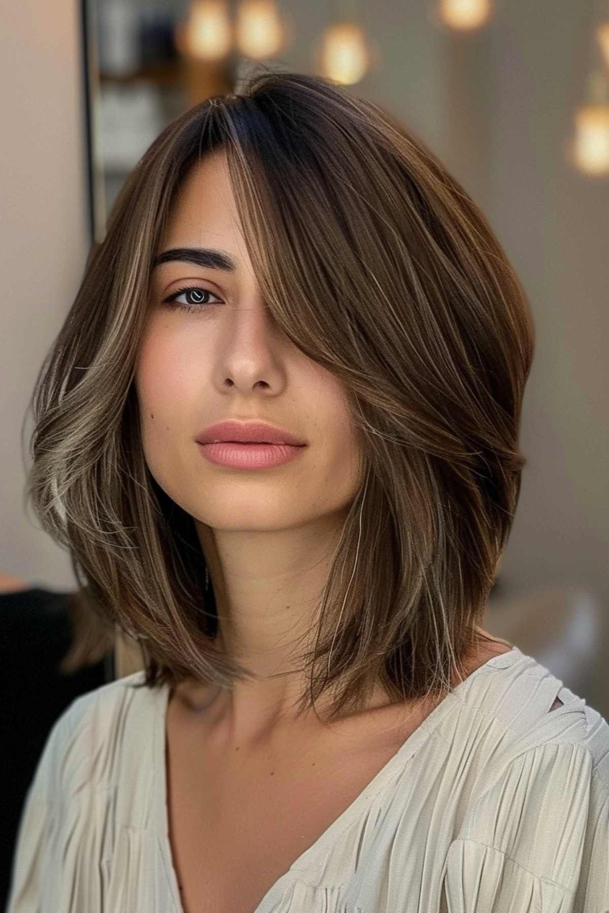 Woman with chic long bob and side part bangs.