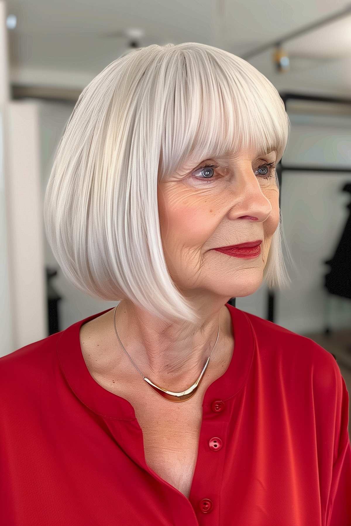 A woman over 70 with a classic bob hairstyle and long bangs.