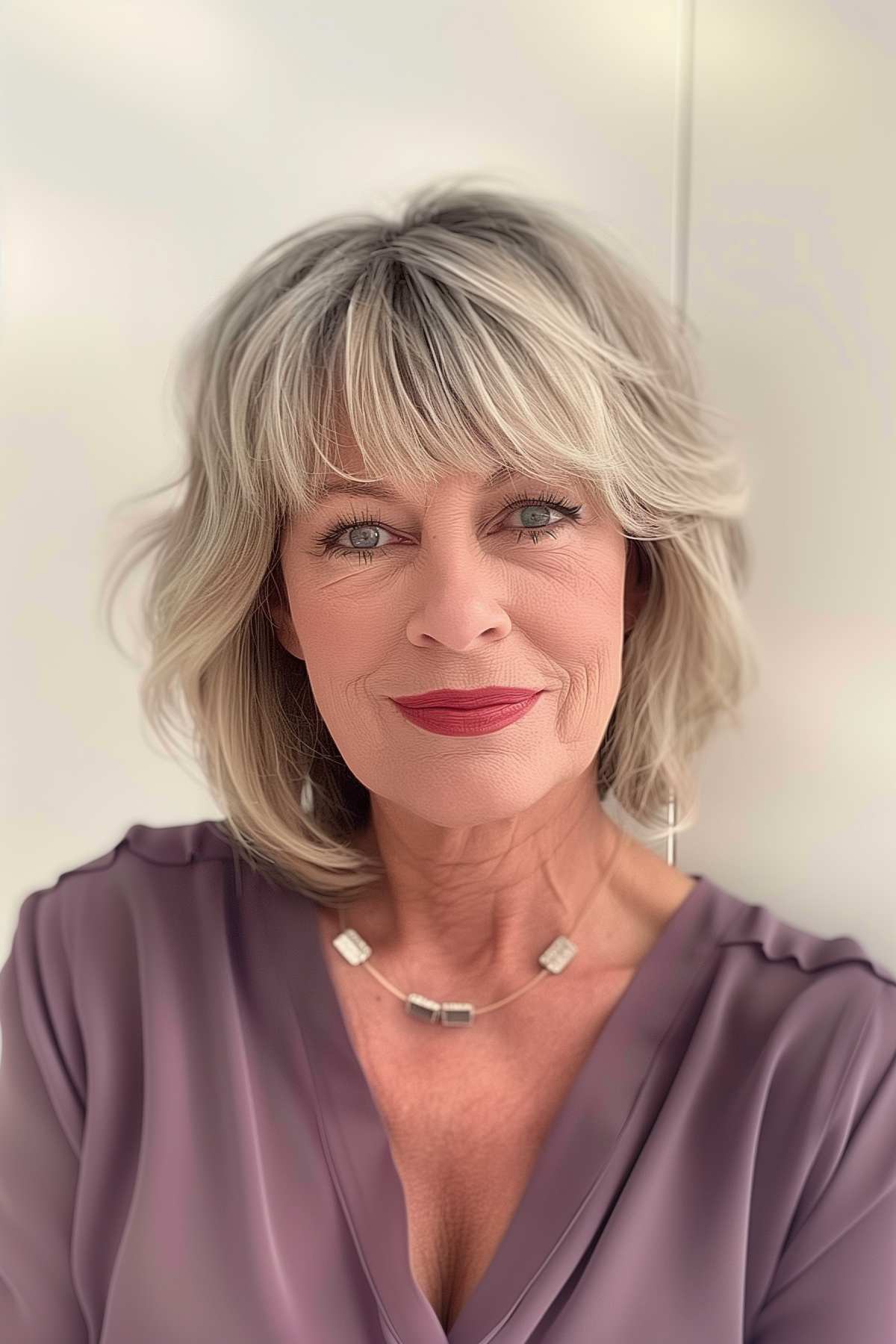 Woman over 60 with elegant bob and longer bangs.