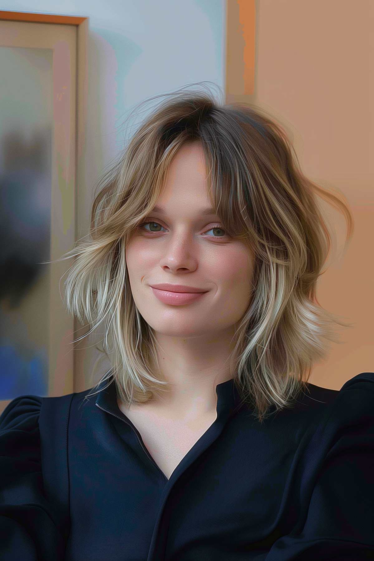 A woman with a layered bob and long curtain bangs.
