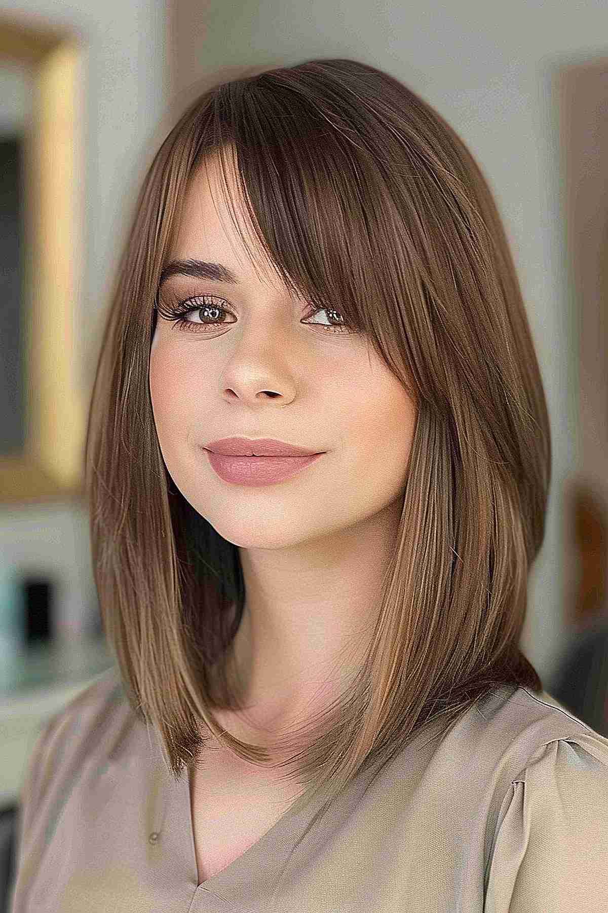 A woman with a round face, long bob and bangs.