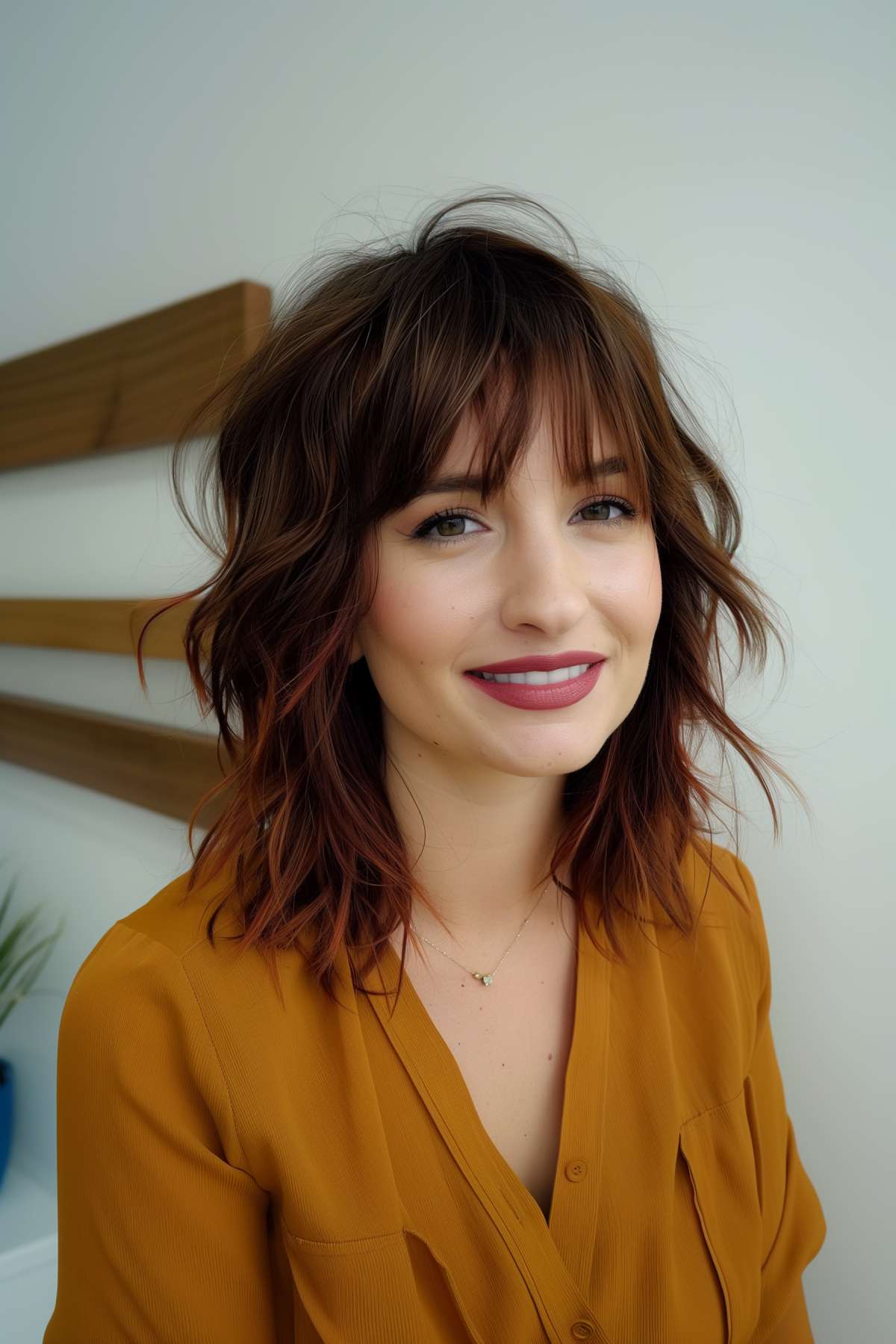 A woman with soft, messy bob hair and long bangs.