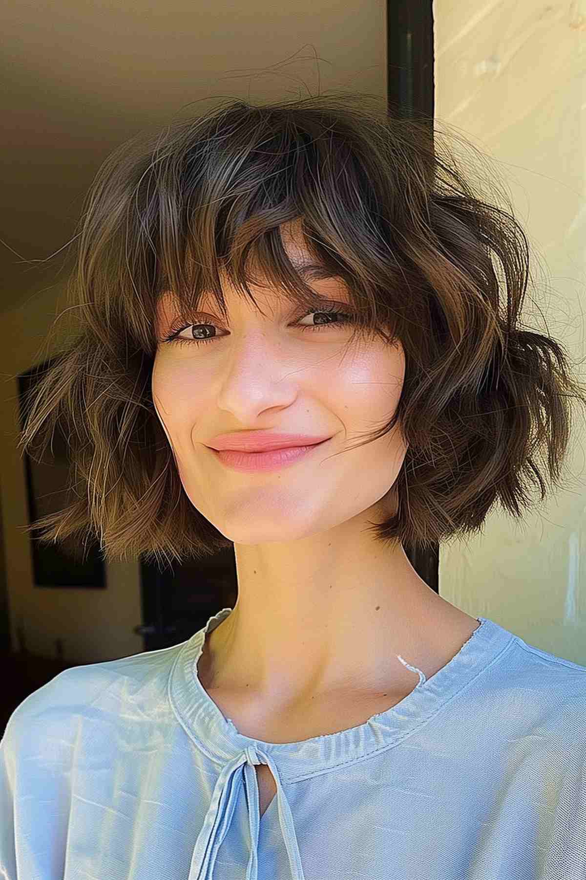 Woman with textured bob and wispy bangs.