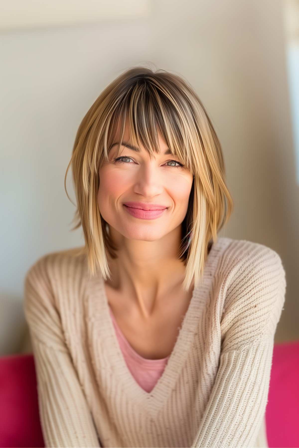 Woman over 40 with versatile bob and long bangs.