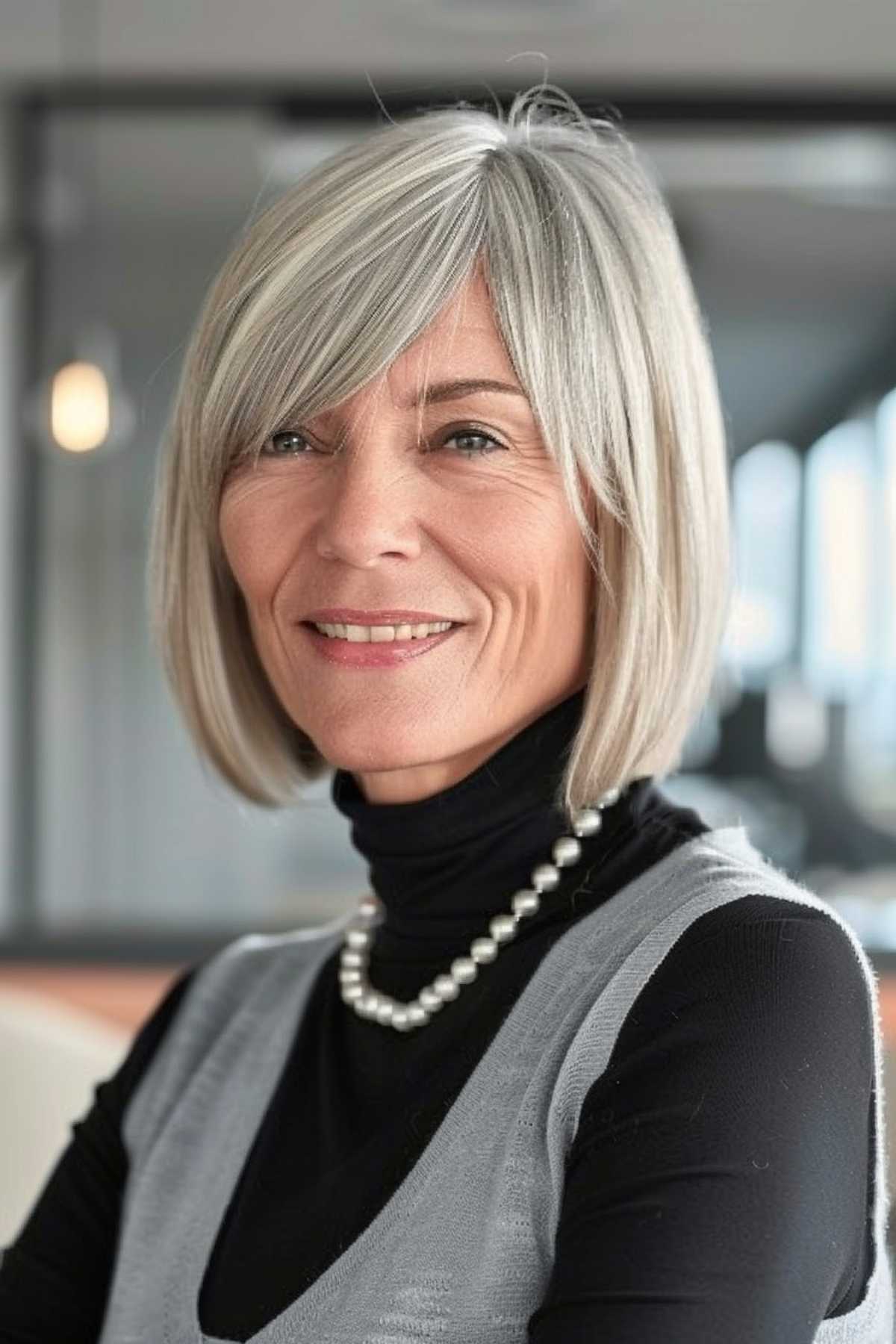 Mature woman sporting a stylish bob with side-swept bangs, dressed in a black and grey layered outfit with pearls. 
