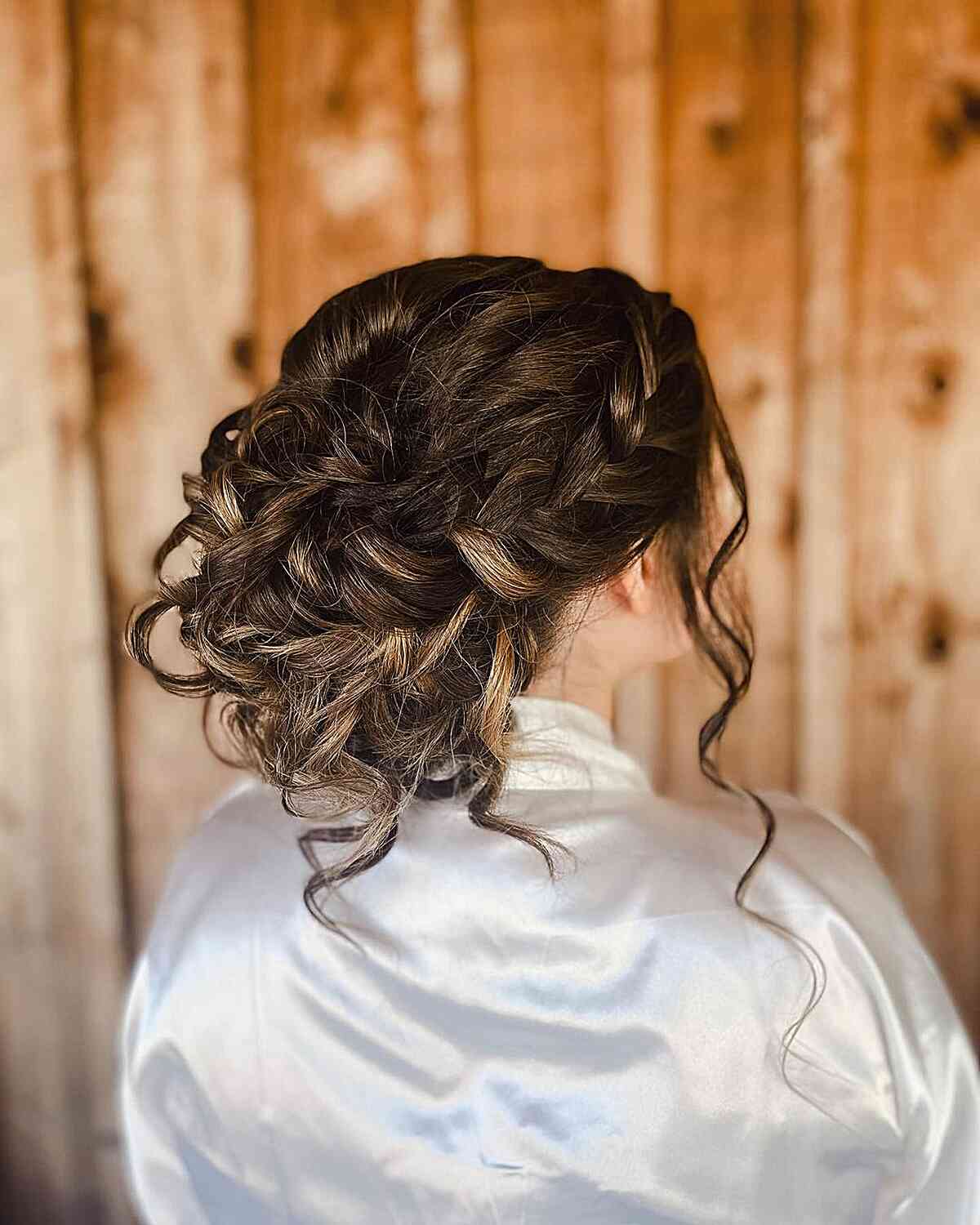 Bohemian Prom Updo with Loose Curls on Long Brown Tresses