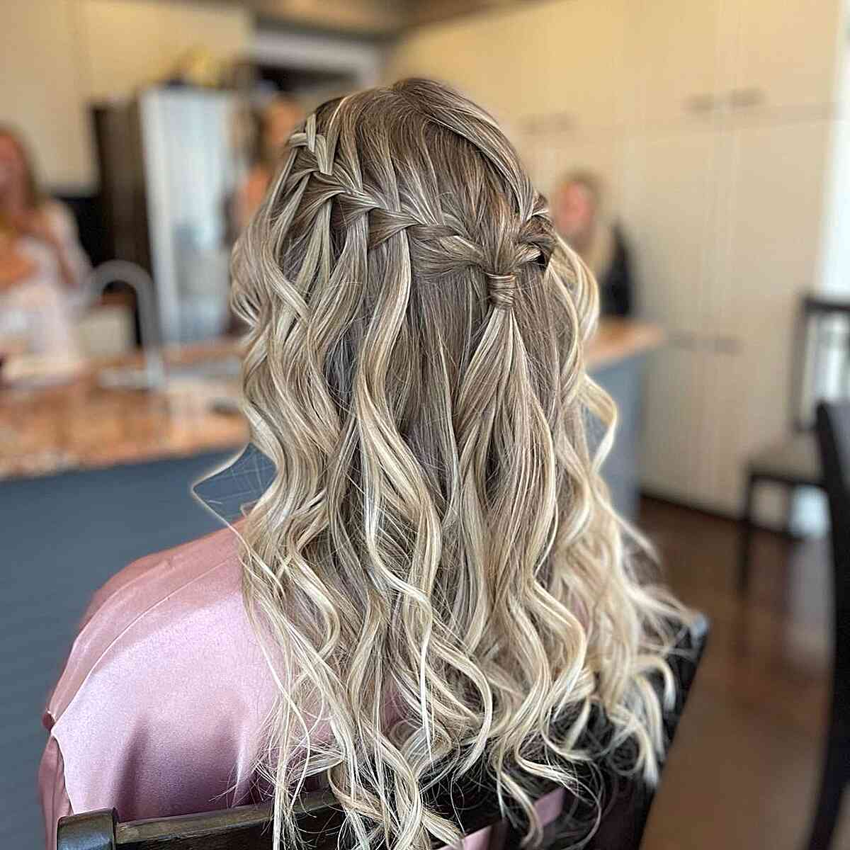 Long-Length Wavy Hair with Bohemian Waterfall Braids for Wedding Goers