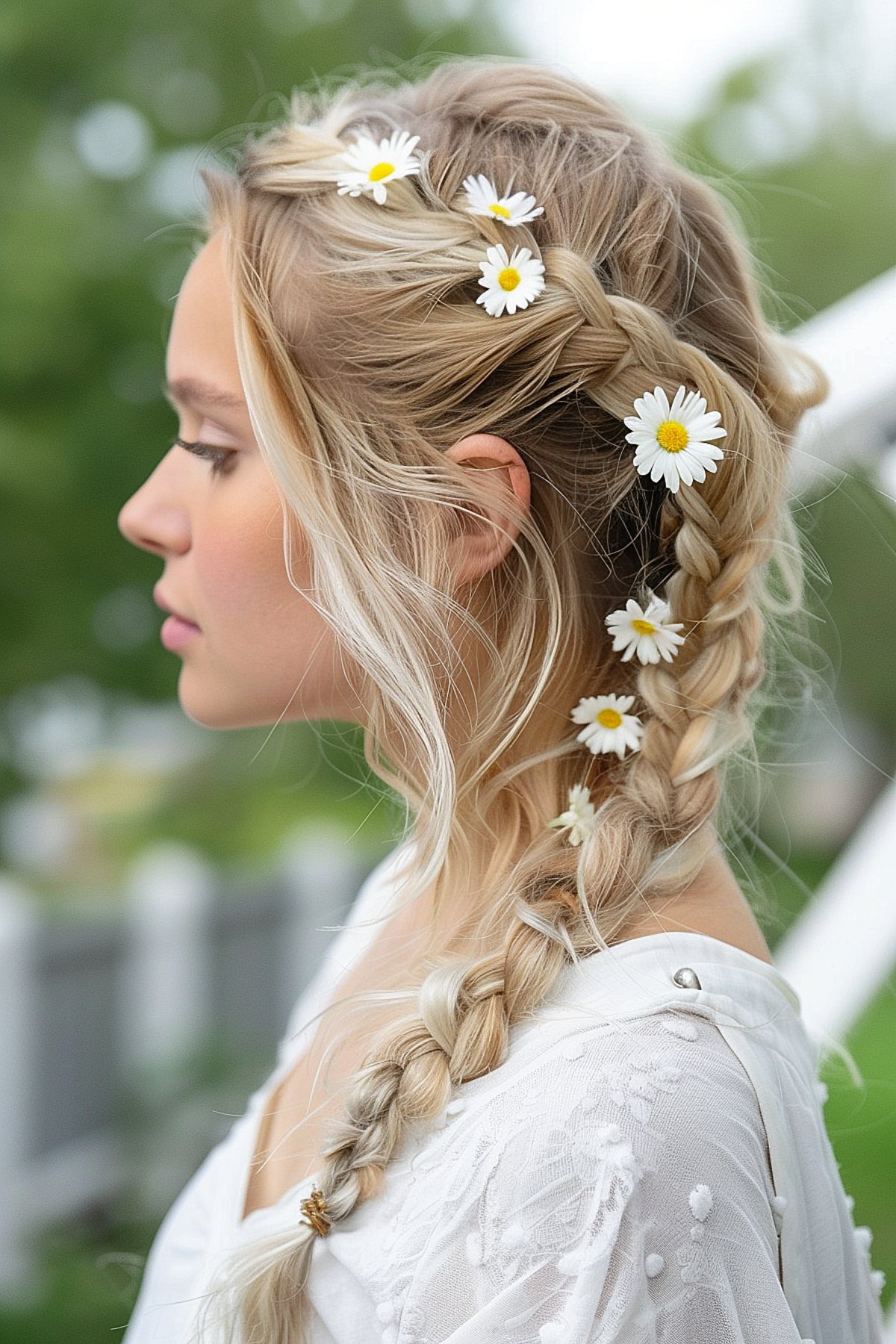 Boho braid with daisies for a romantic summer hairstyle