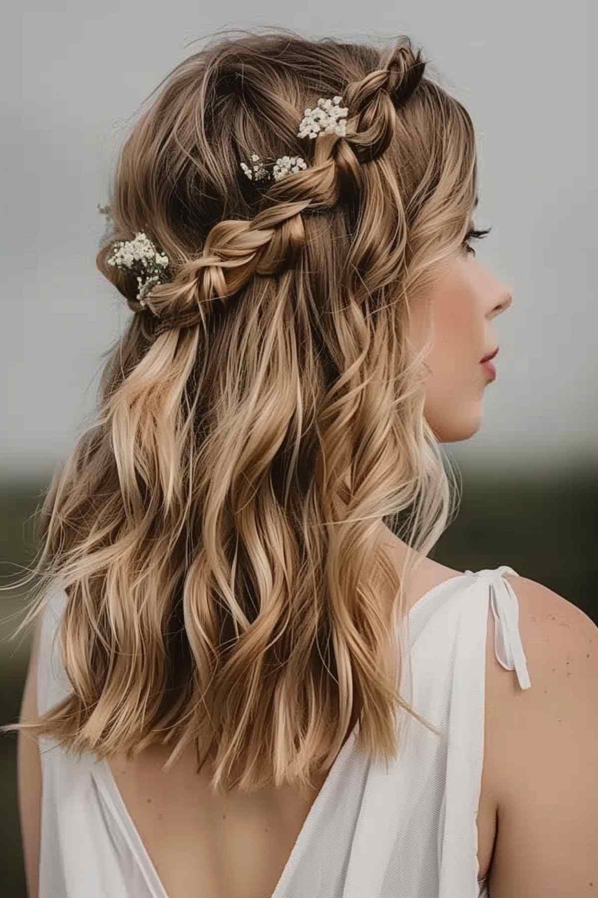 Bohemian wedding hairstyle with braids and waves decorated with white floral accents in blonde hair
