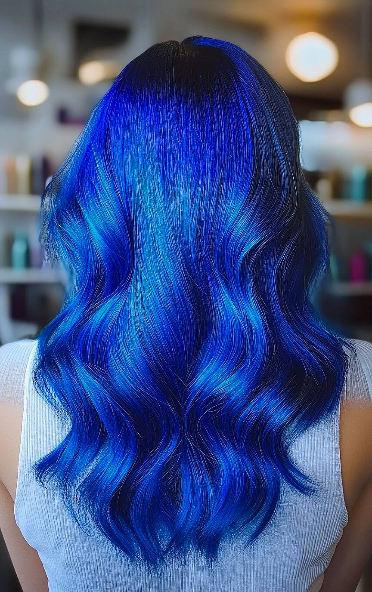 Electric blue wavy hairstyle for a bold and striking look