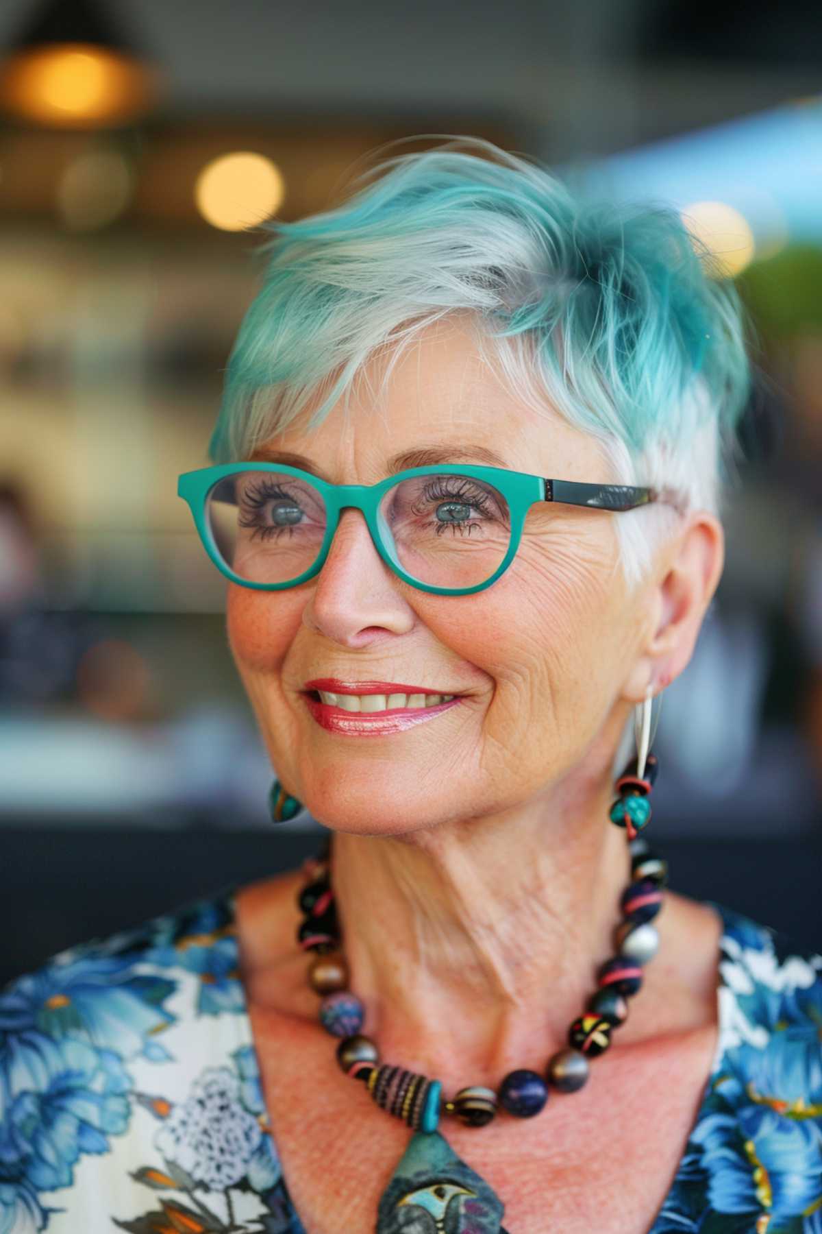 Bold pixie cut with turquoise highlights and glasses for a fun, youthful look.