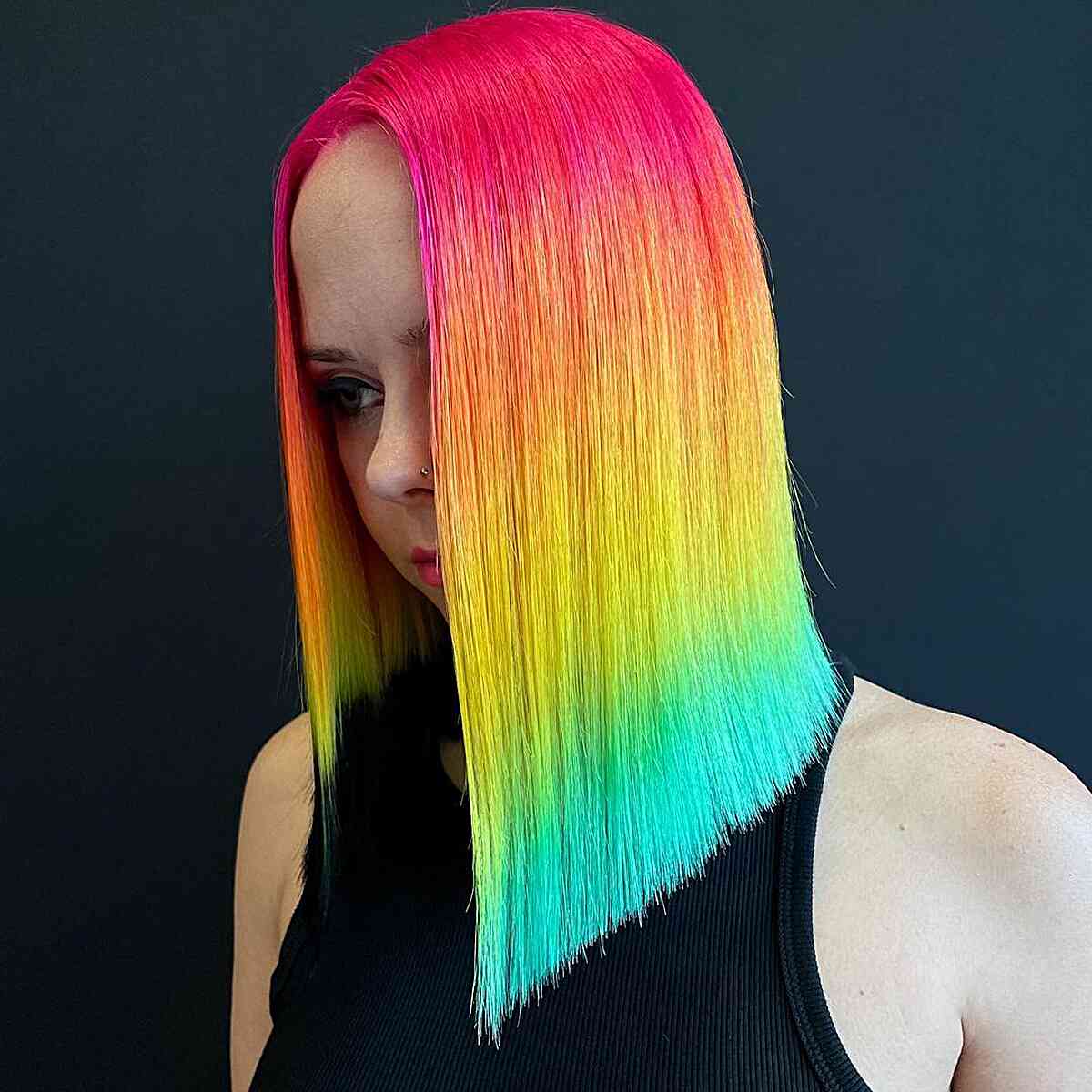 Bold Rainbow Hair on a Blunt Cut Bob for Straight Hair Without Bangs
