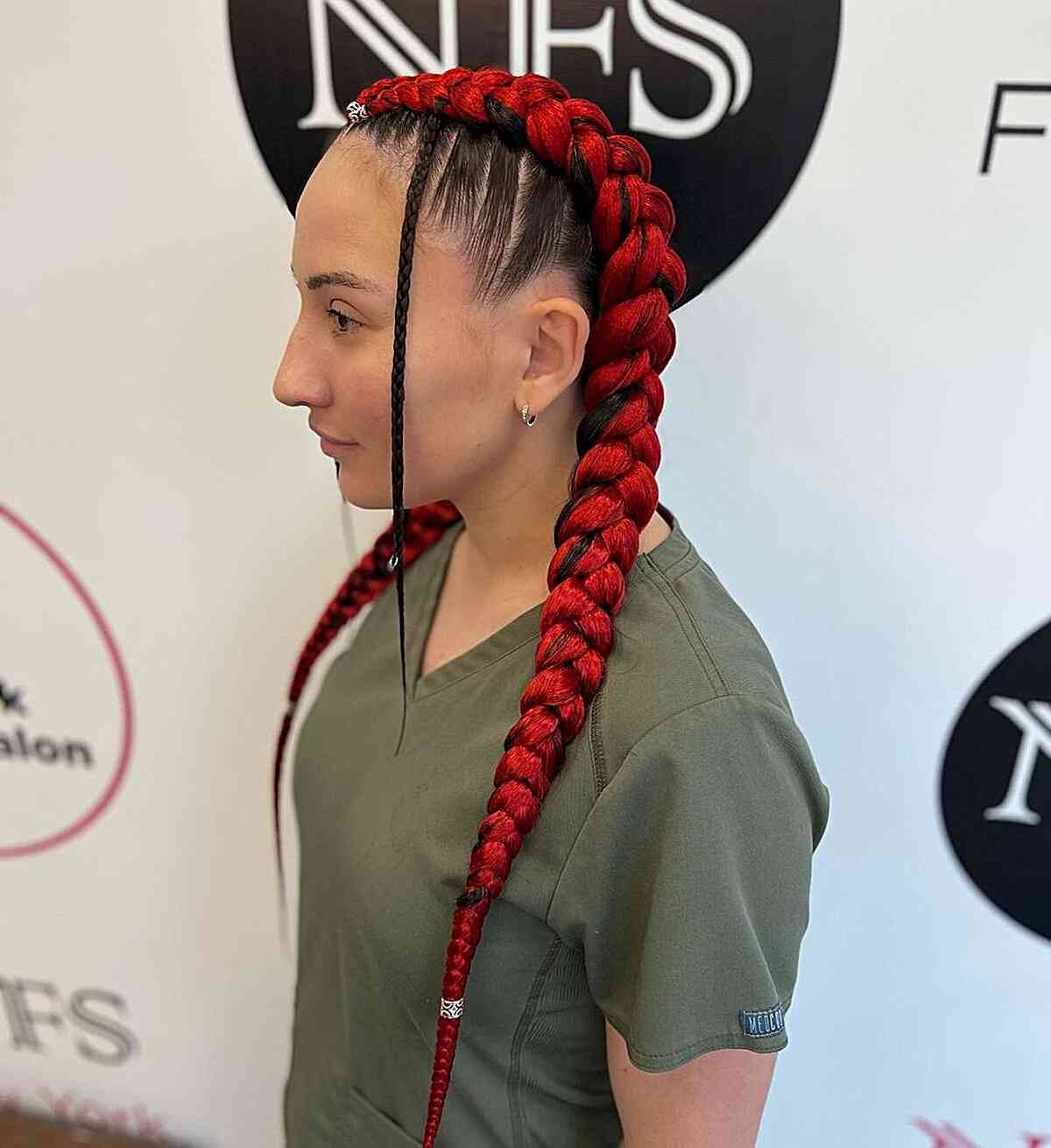 Long Hair with Bold Red Pigtail Braids