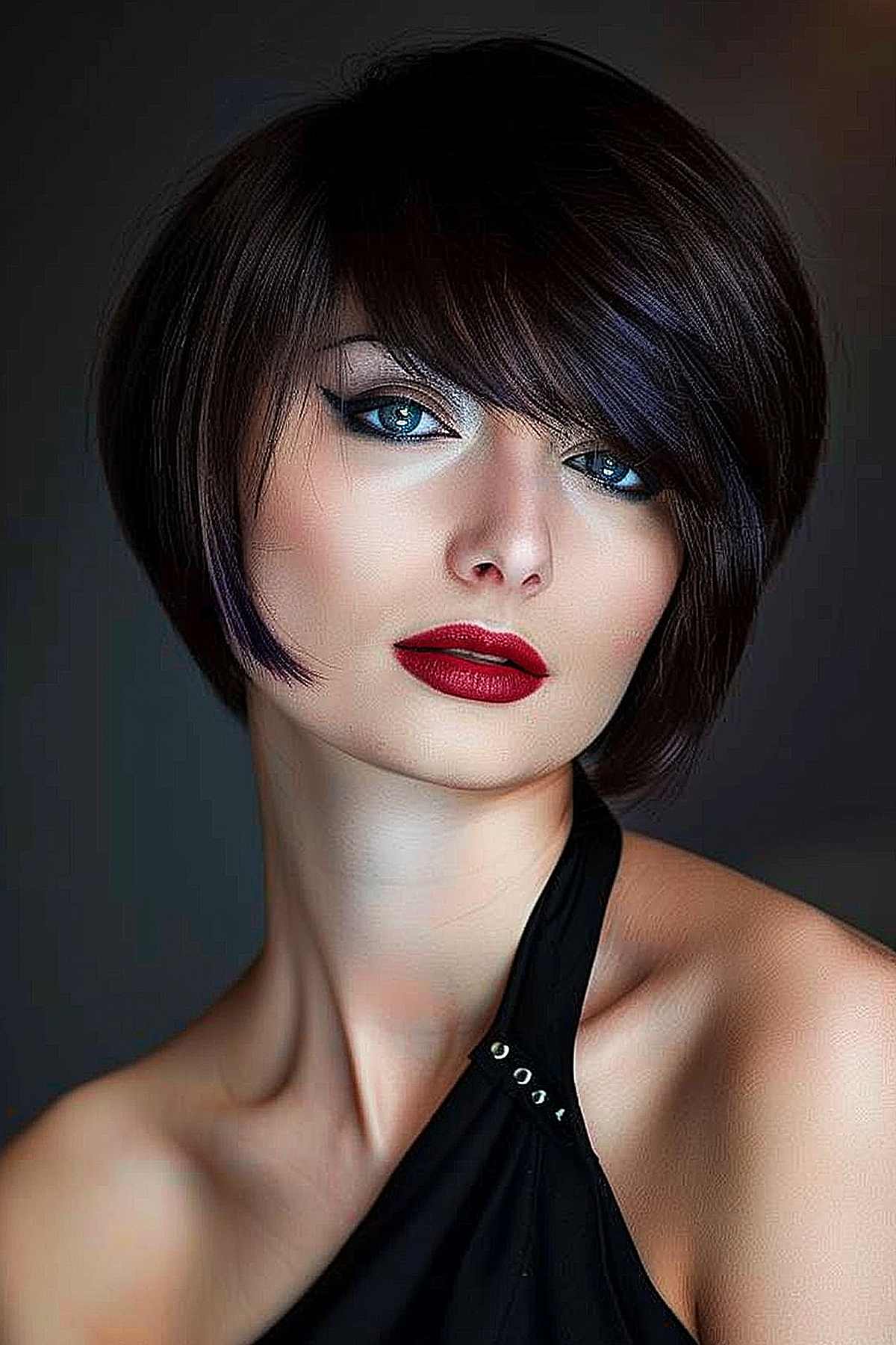 Woman with a bold short haircut featuring asymmetric structured bangs and a rich, dark color, emphasizing sharp facial features.